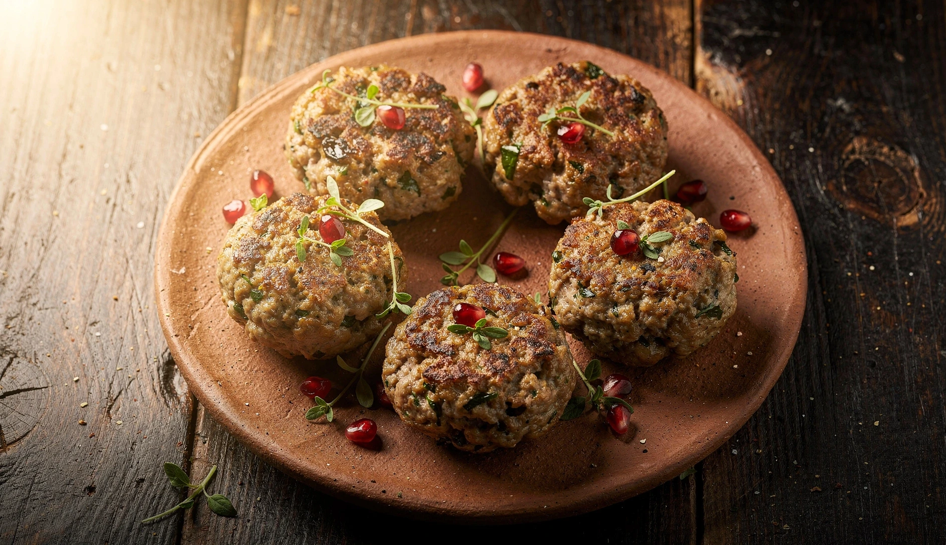 Golden-brown Georgian abkhazura meatballs on a clay plate garnished with pomegranate seeds and fresh herbs