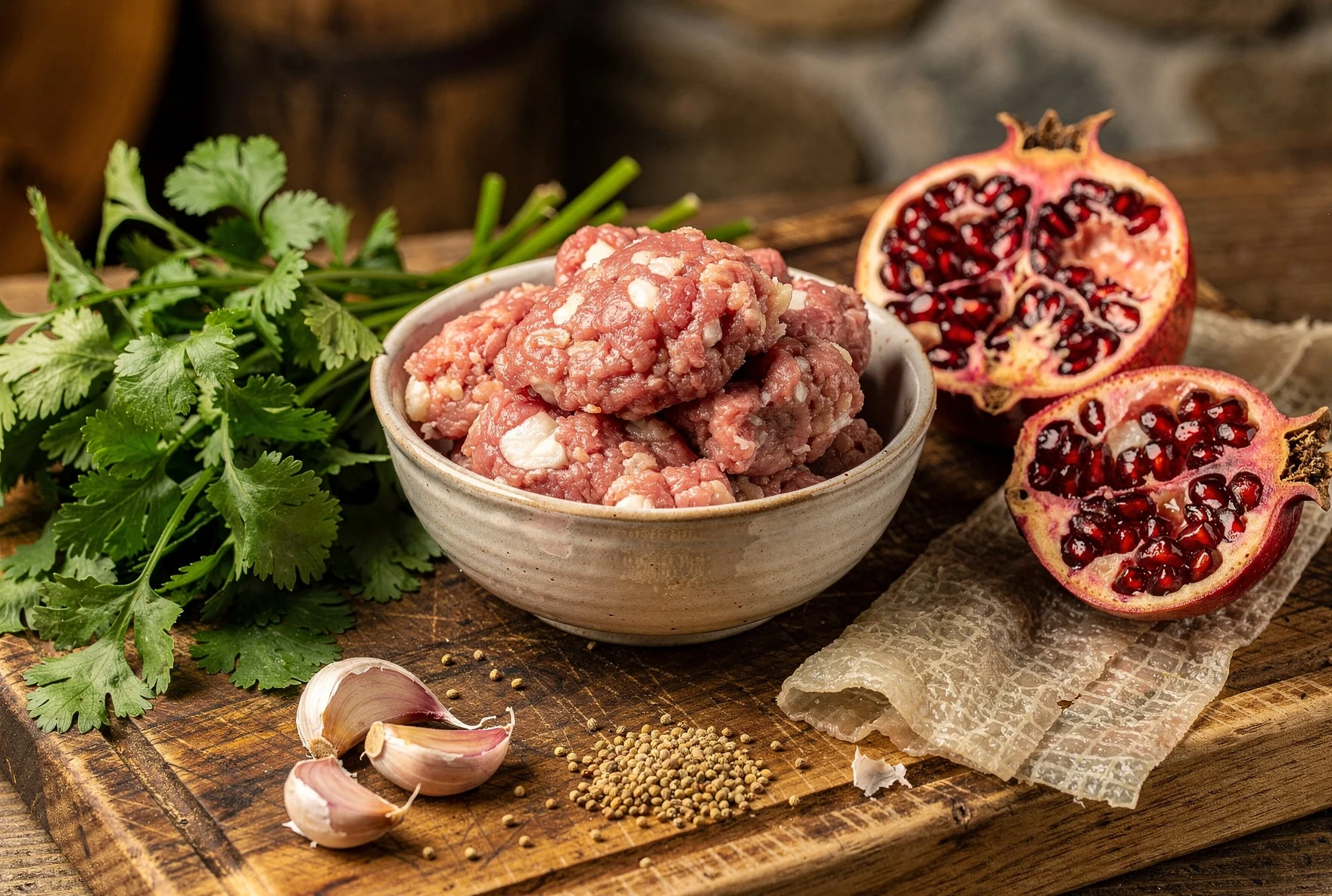 Raw ingredients for Georgian abkhazura meatballs laid out on a wooden cutting board including ground meat, pomegranate, garlic, and fresh herbs