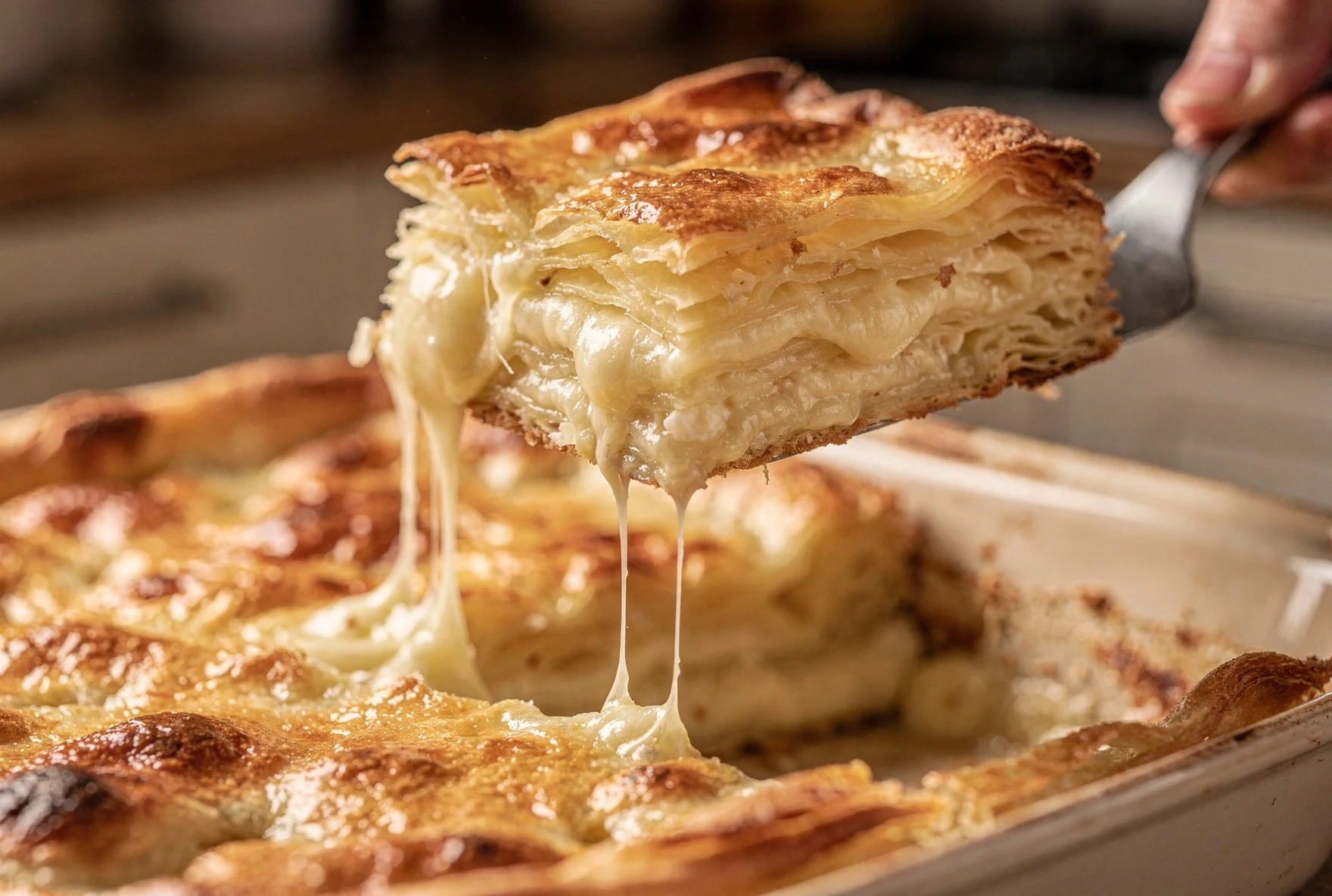Close-up of a slice of achma showing thin layers of boiled dough alternating with melted sulguni cheese