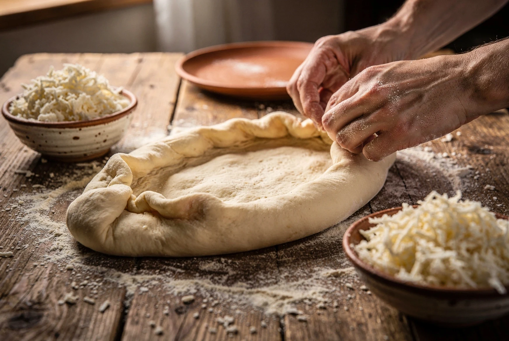 Hands shaping Adjarian khachapuri dough into a boat