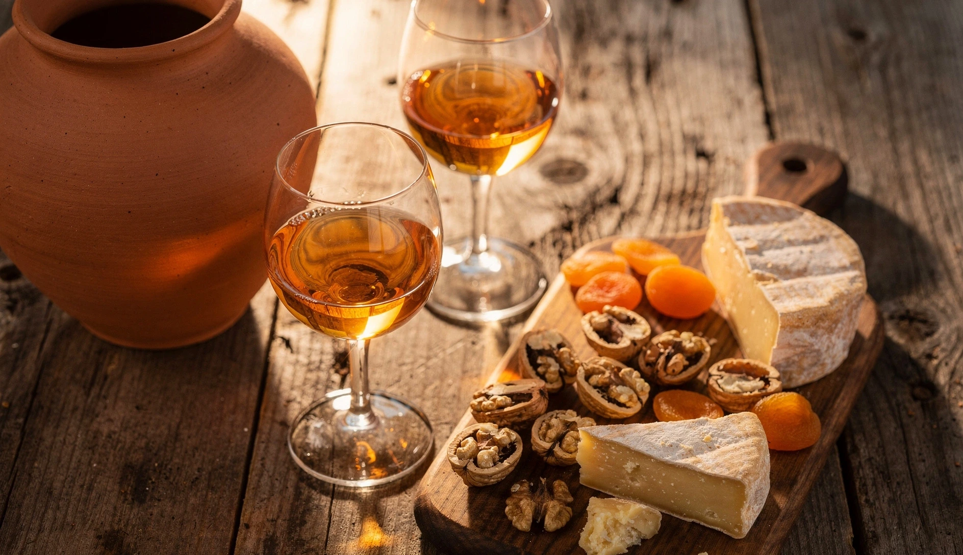 Two glasses of golden Georgian amber wine on a rustic wooden table with walnuts, dried apricots, and cheese