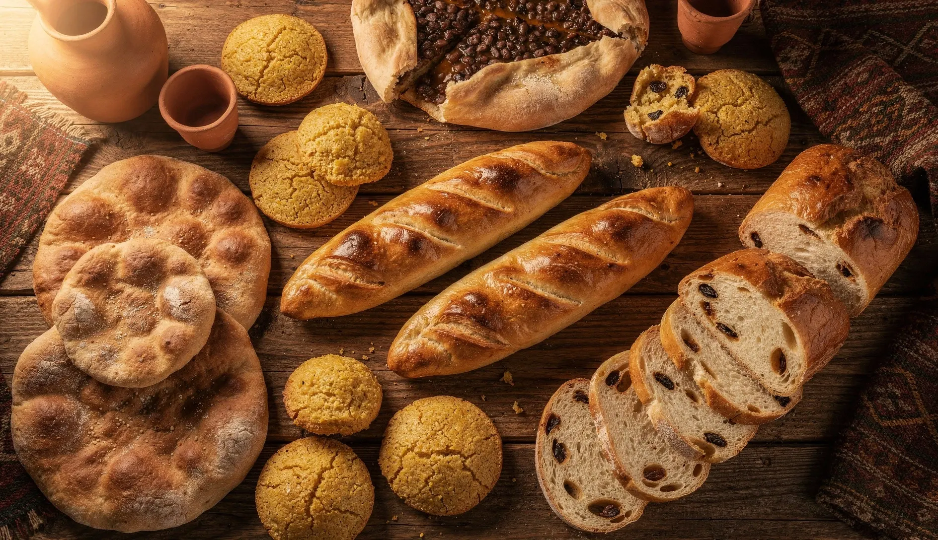 Overhead food photography of various Georgian breads on a rustic wooden table including shotis puri, mchadi cornbread, and lobiani