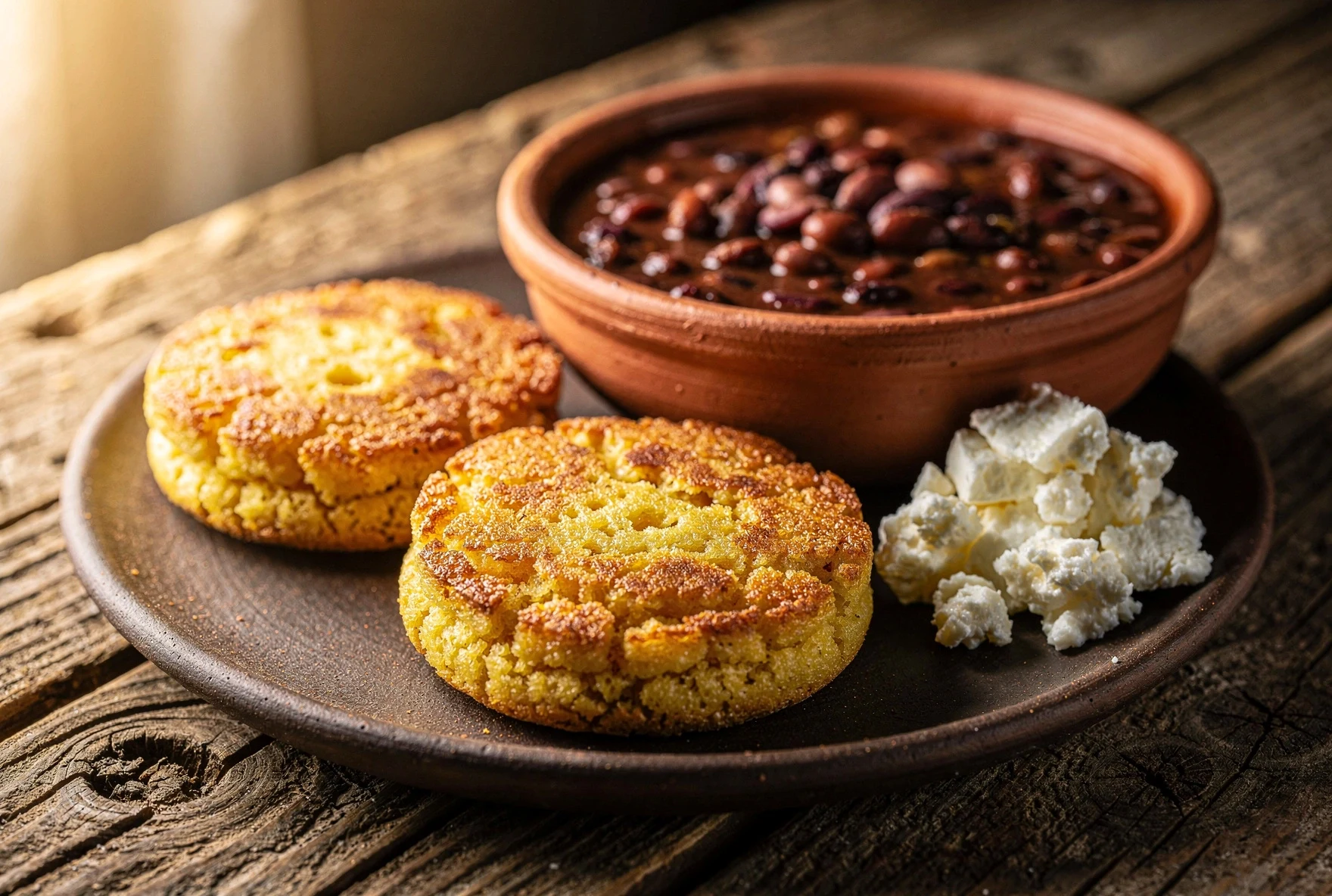 Golden pan-fried Georgian mchadi cornbread on a clay plate served with lobio bean stew and crumbled sulguni cheese
