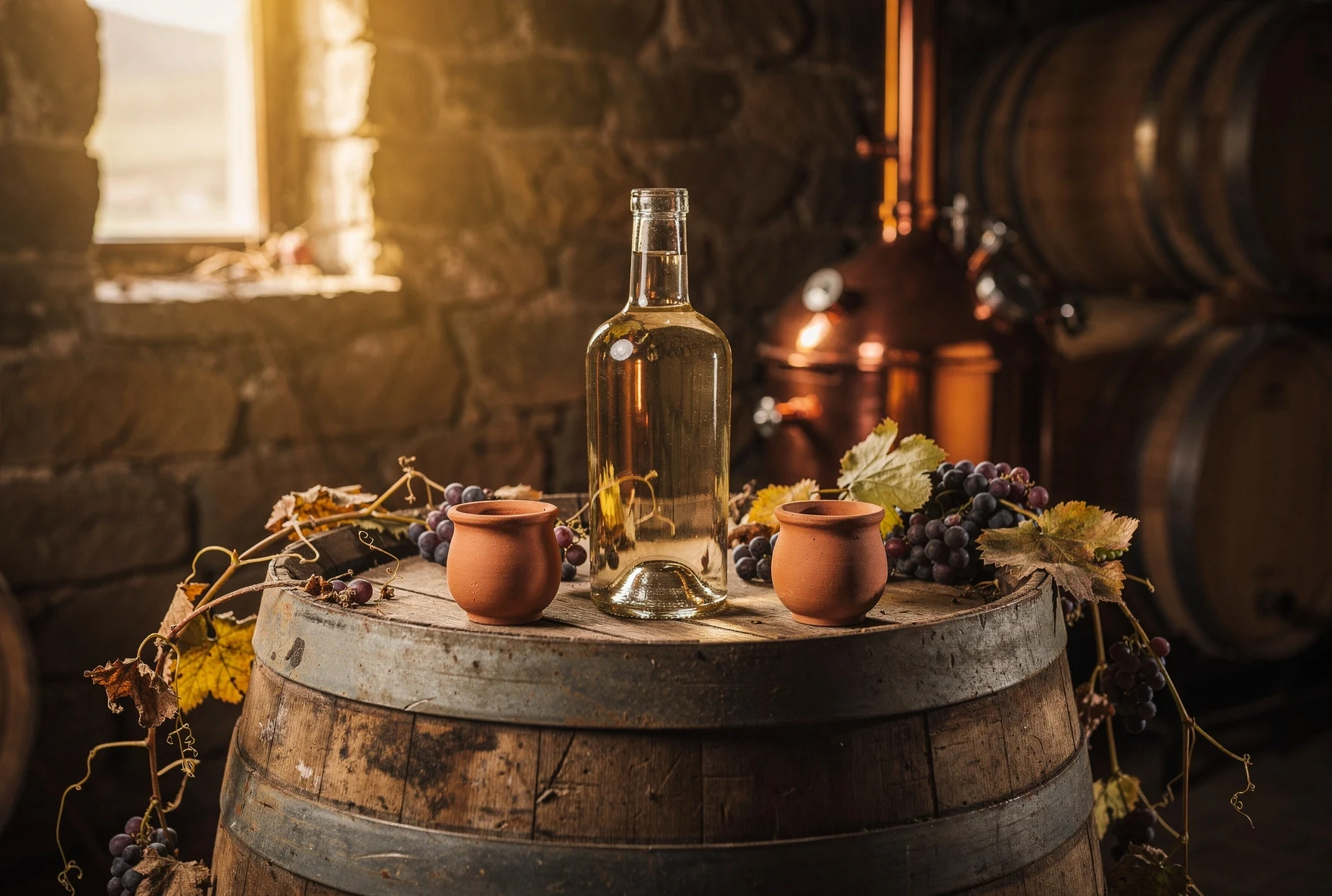 Georgian chacha grape spirit in a glass bottle with clay cups on a wooden barrel in a rustic wine cellar
