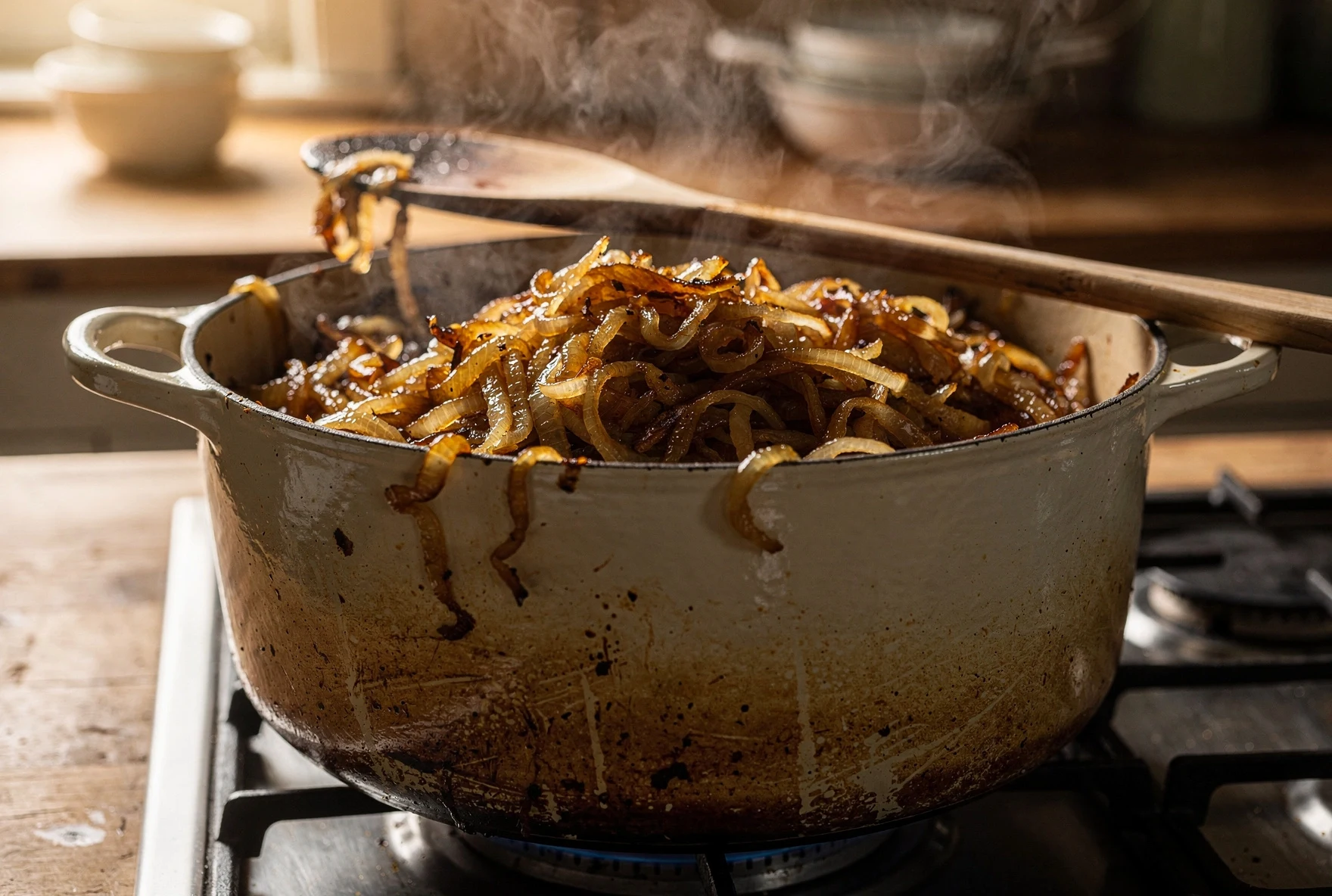 Onions caramelizing in a Dutch oven with browned bits from chicken
