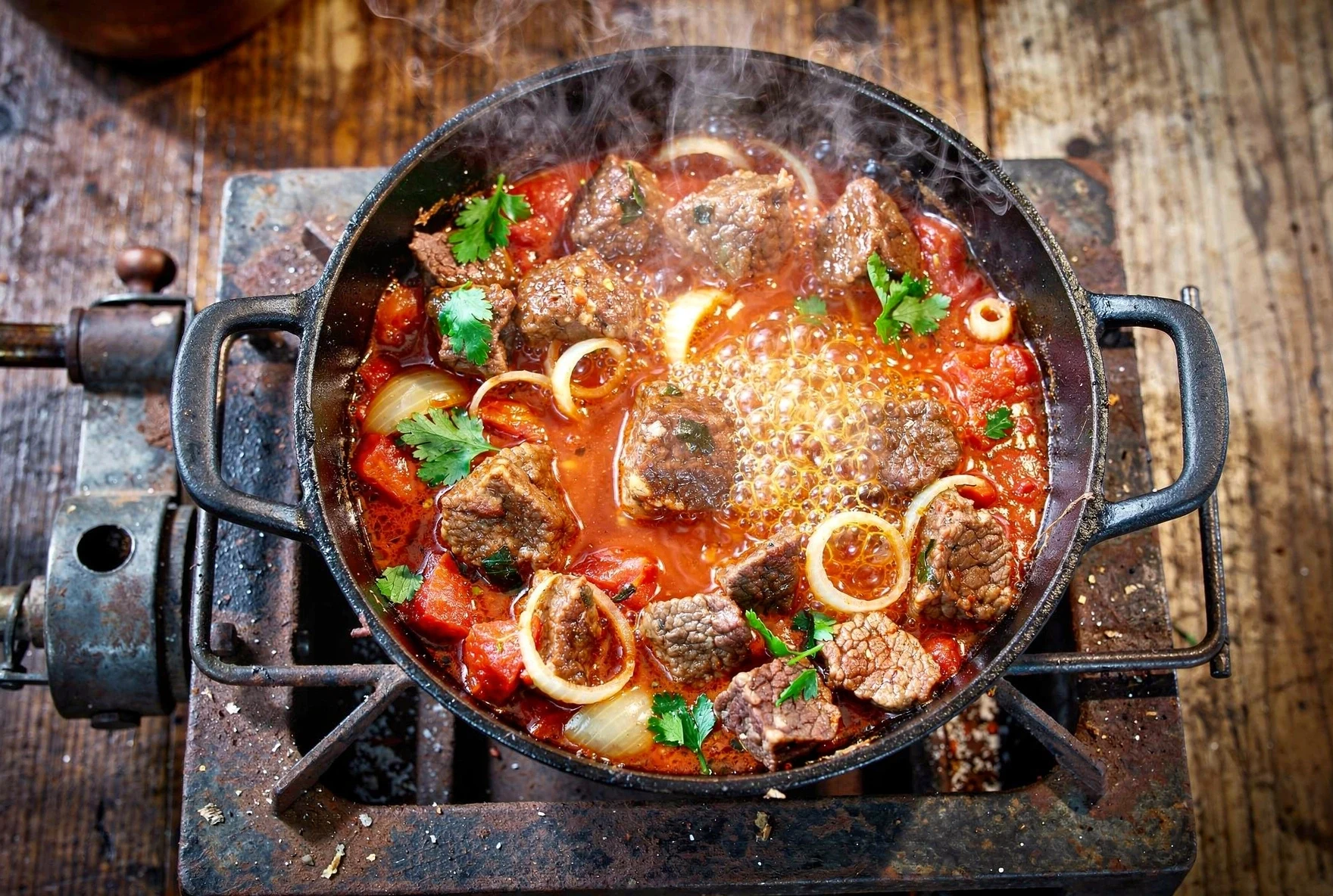 Beef cubes being seared in a cast iron skillet with caramelized crust
