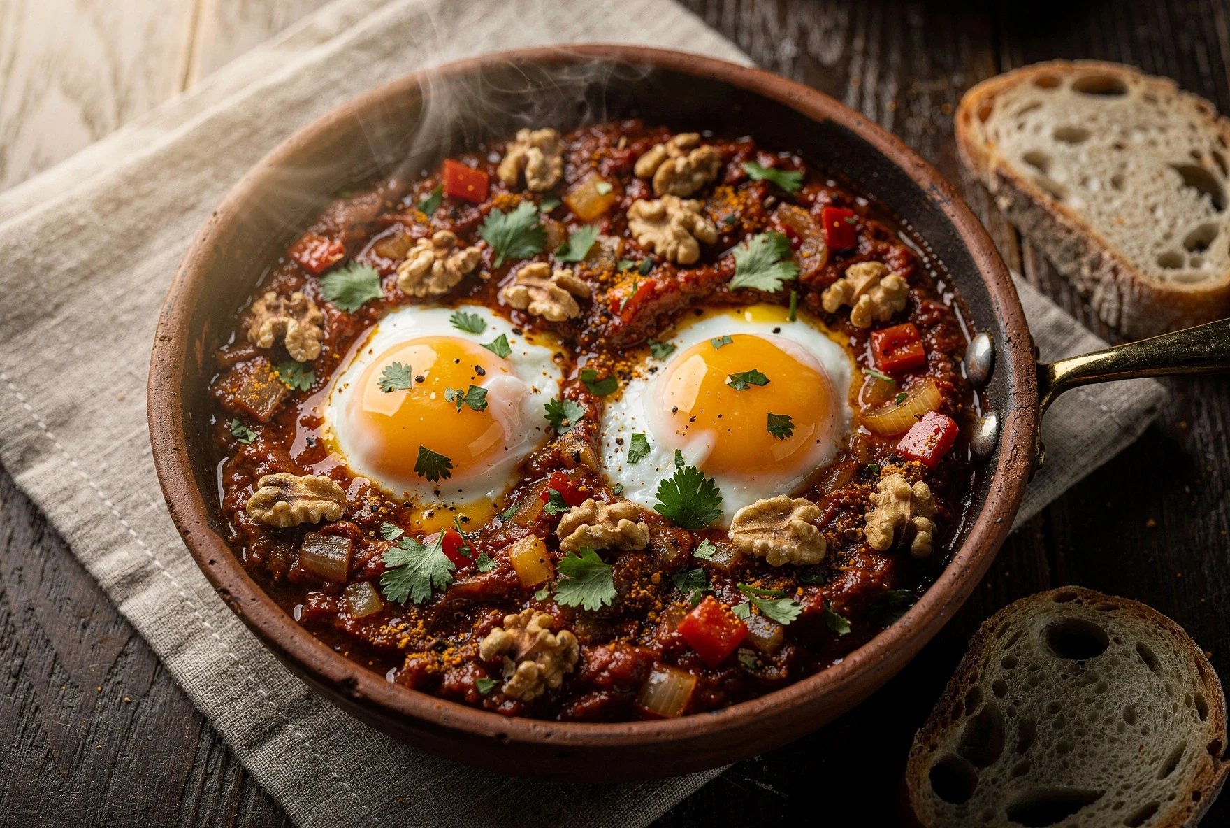 Chirbuli - Georgian eggs poached in spicy tomato-walnut sauce in a cast iron pan