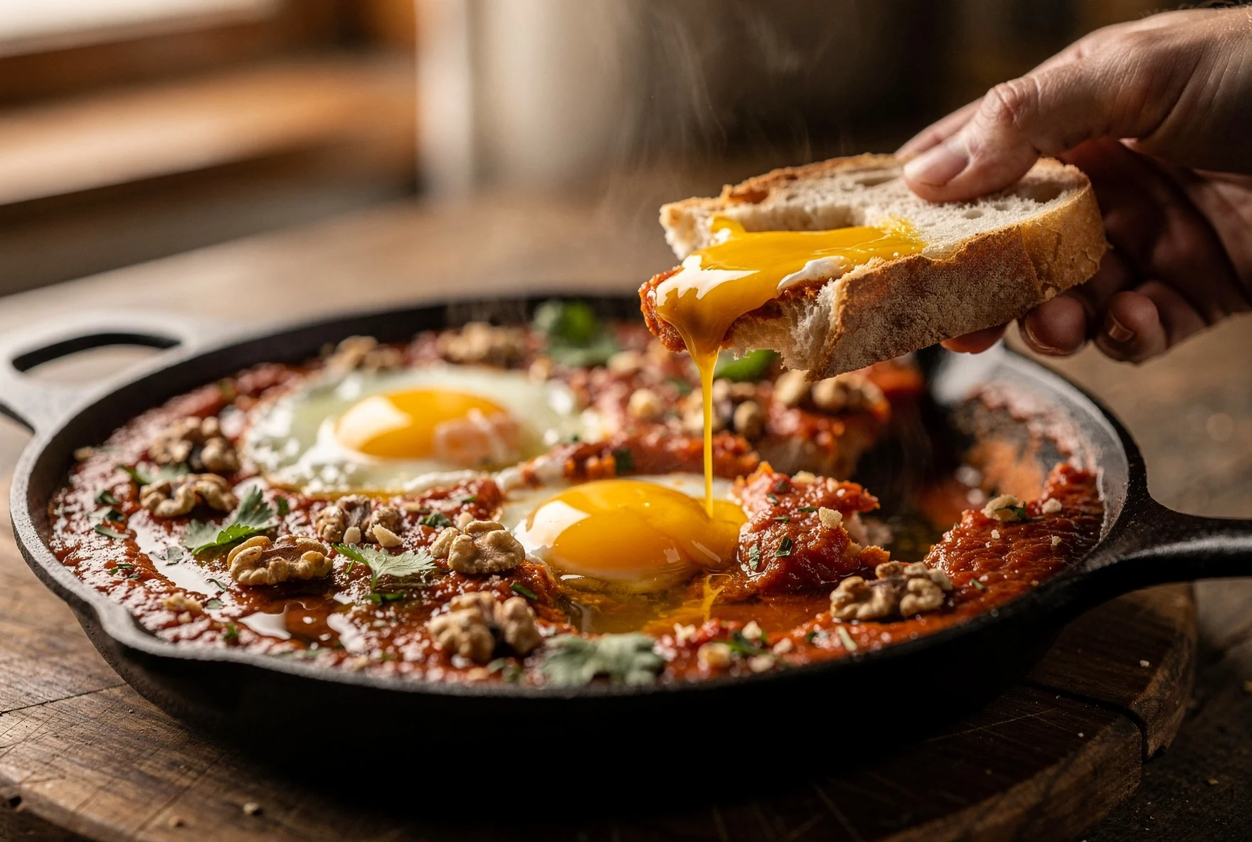 Chirbuli sauce with bread being dipped into a runny poached egg yolk