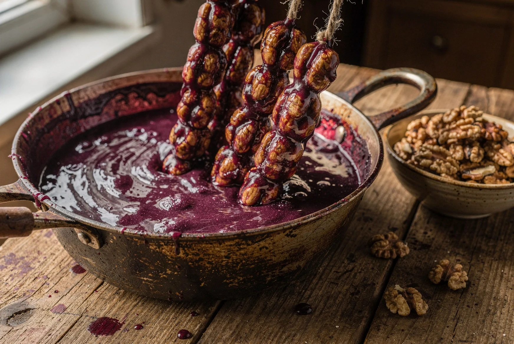 Churchkhela walnut strings being dipped into thick grape tatara in a pot