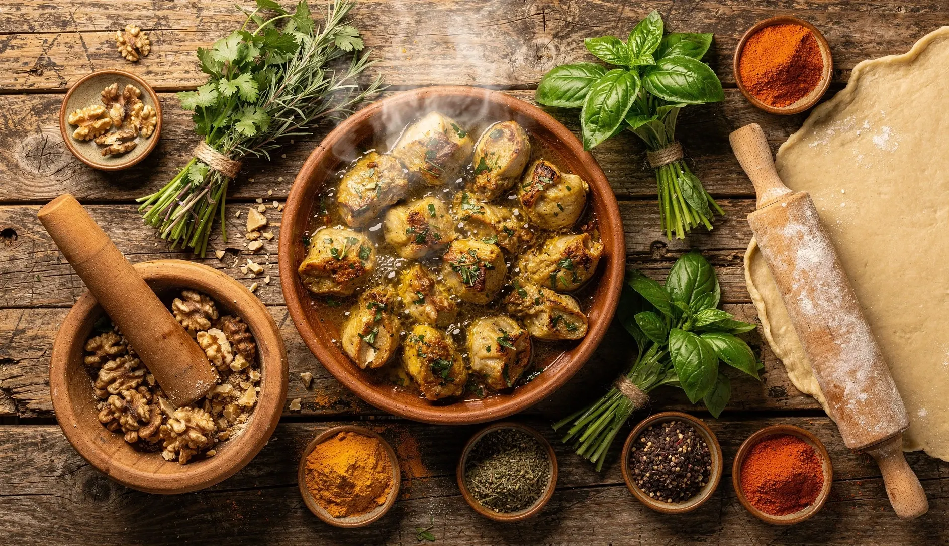 Overhead view of a Georgian cooking scene with clay pan, walnut mortar, fresh herbs, rolling pin with dough, and spice bowls on a rustic wooden table