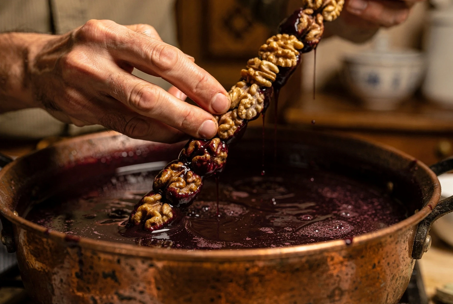 Close-up of churchkhela being made, walnuts on string being dipped into thick dark grape juice in copper pot