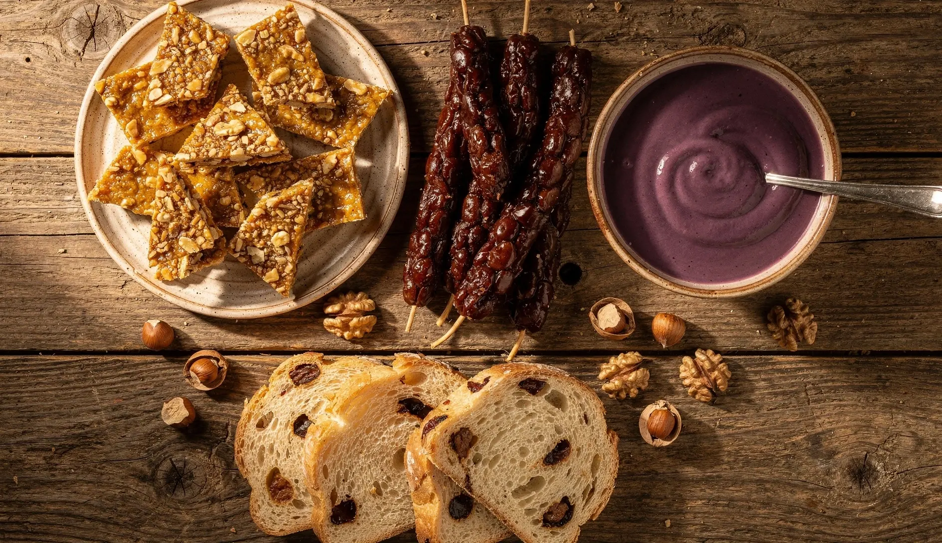 Overhead shot of traditional Georgian desserts including churchkhela, gozinaki honey-walnut brittle, pelamushi grape pudding, and nazuki sweet bread on rustic wooden table