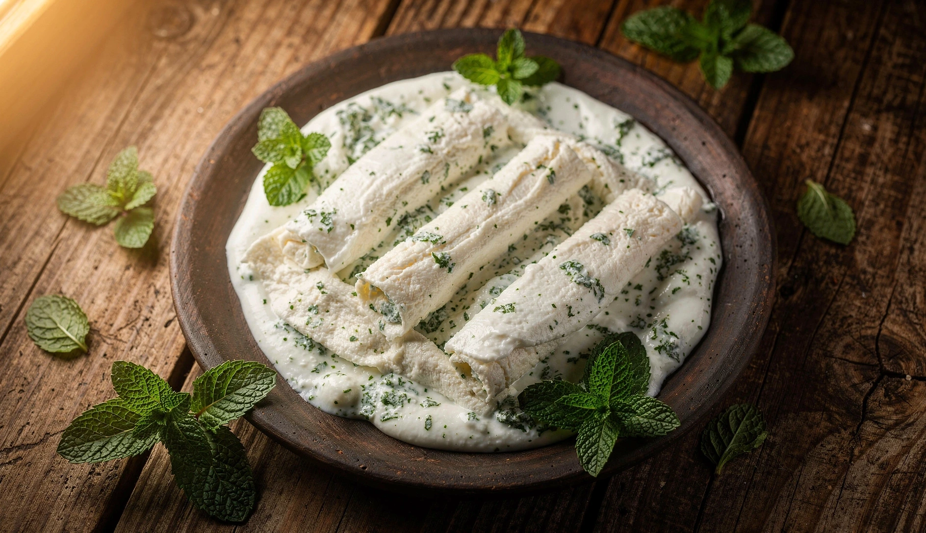Overhead view of gebzhalia — white cheese rolls in creamy mint sauce on a dark clay plate with fresh mint garnish
