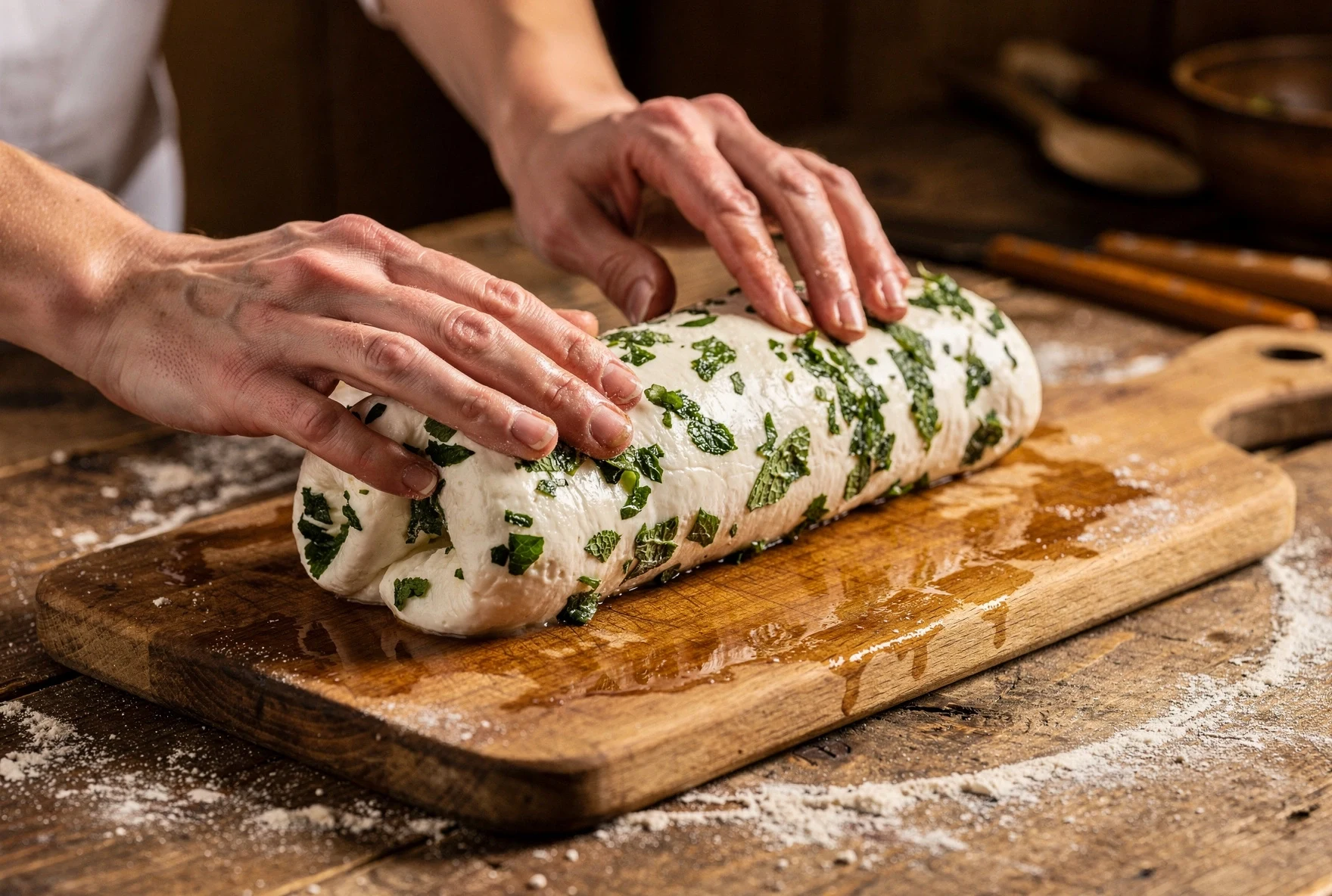 Hands rolling soft white Georgian cheese with chopped mint on a wooden cutting board