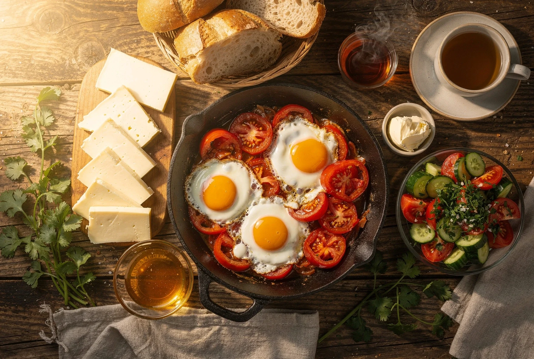 Traditional Georgian breakfast spread with cheese, bread, matsoni yogurt, eggs, tomatoes, and tea