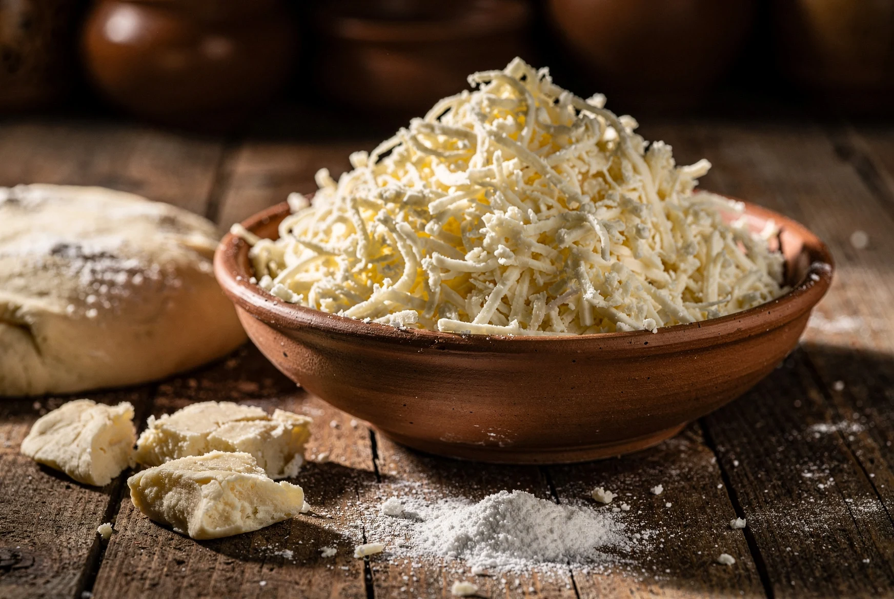 Mixing Georgian cheeses for khachapuri filling in a clay bowl