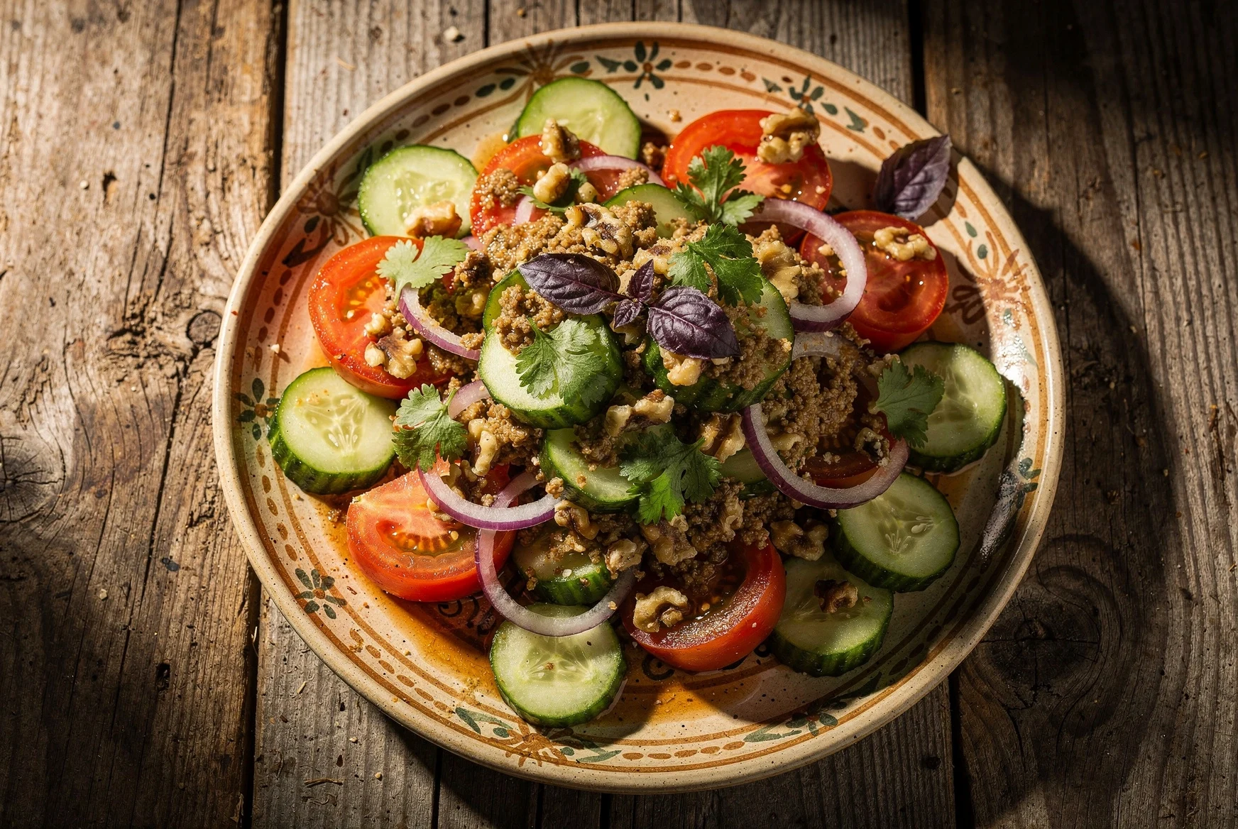 Overhead photo of Georgian tomato and cucumber salad with herbs and walnut dressing on a ceramic plate
