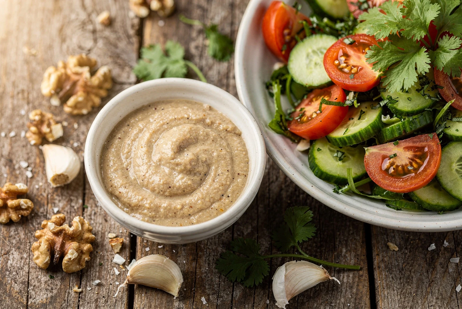 Georgian walnut dressing in a bowl served beside tomato and cucumber salad