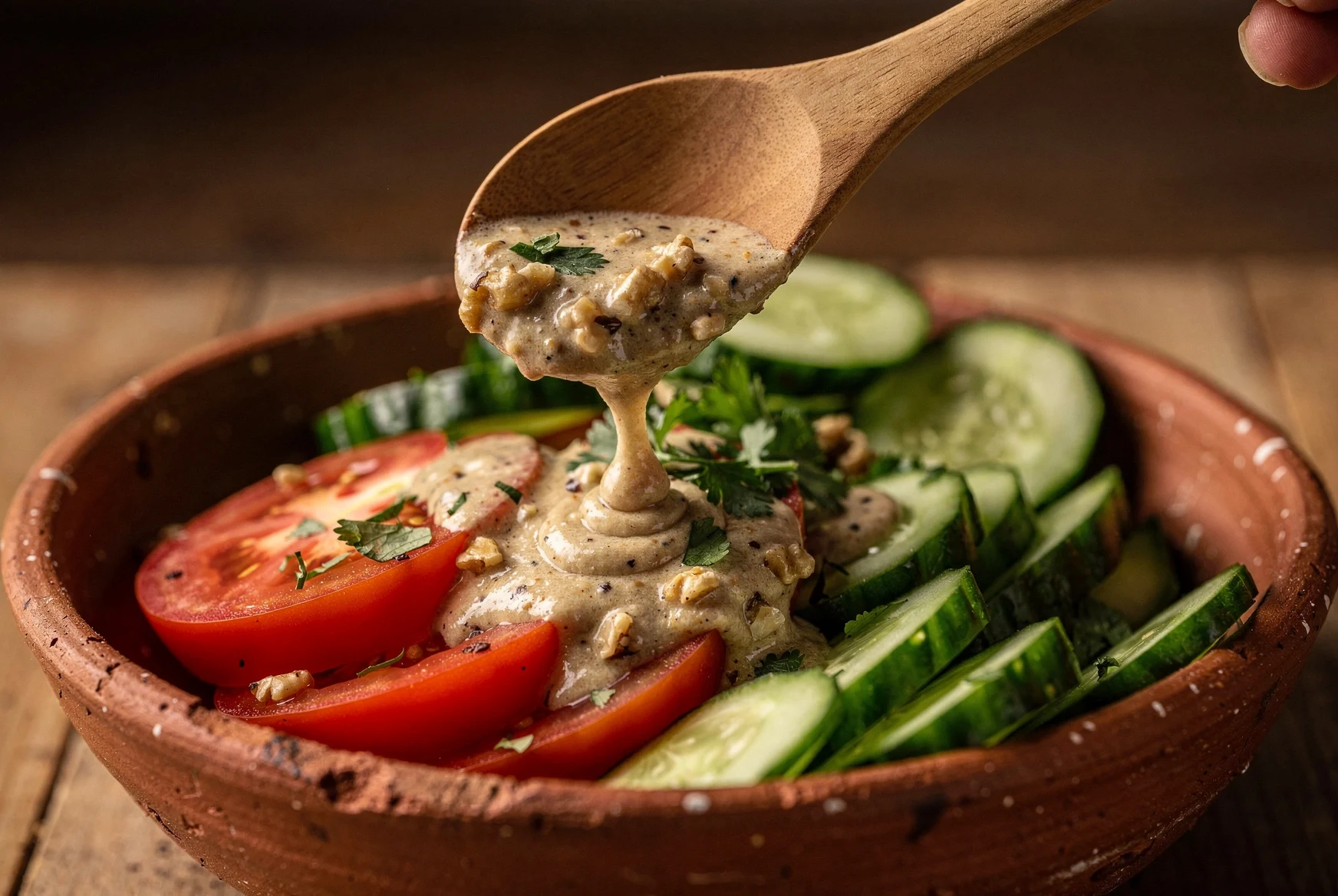 Close-up of walnut dressing being spooned over Georgian tomato and cucumber salad