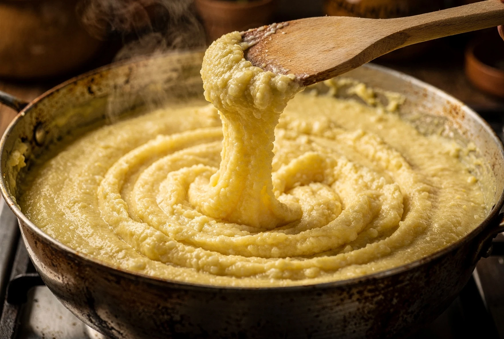Ghomi being stirred in a pot, showing the thick stretchy texture