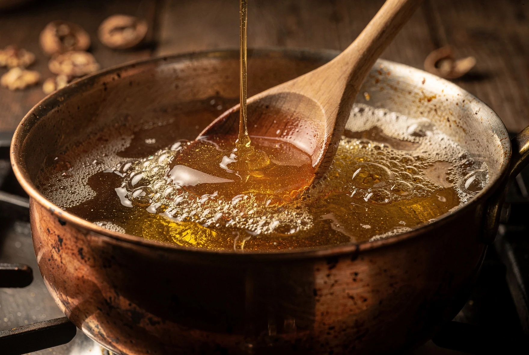 Honey being caramelized in a copper saucepan with a wooden spoon, deep golden amber color