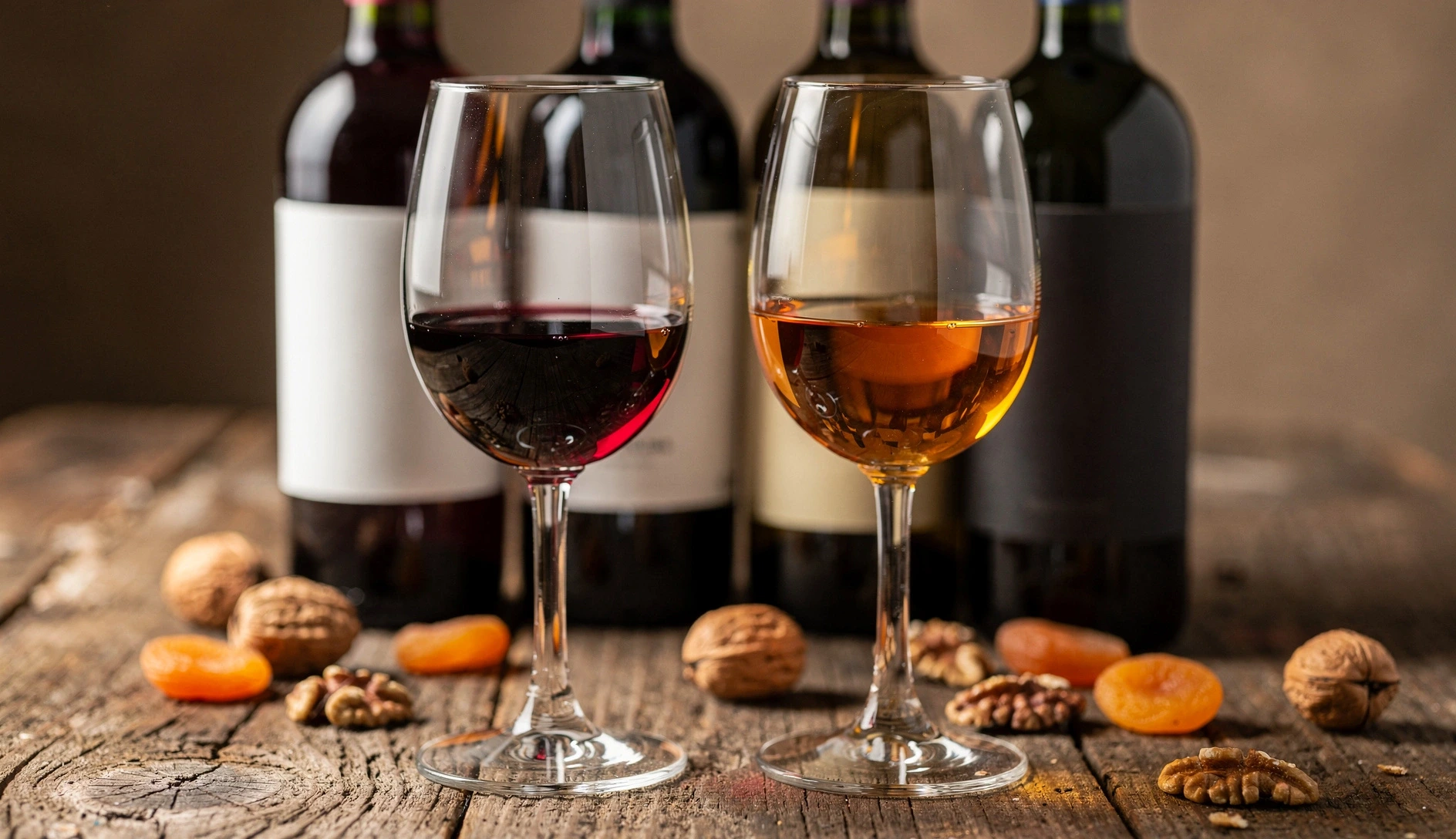 Selection of Georgian wine bottles on a rustic wooden table with two glasses of red and amber wine