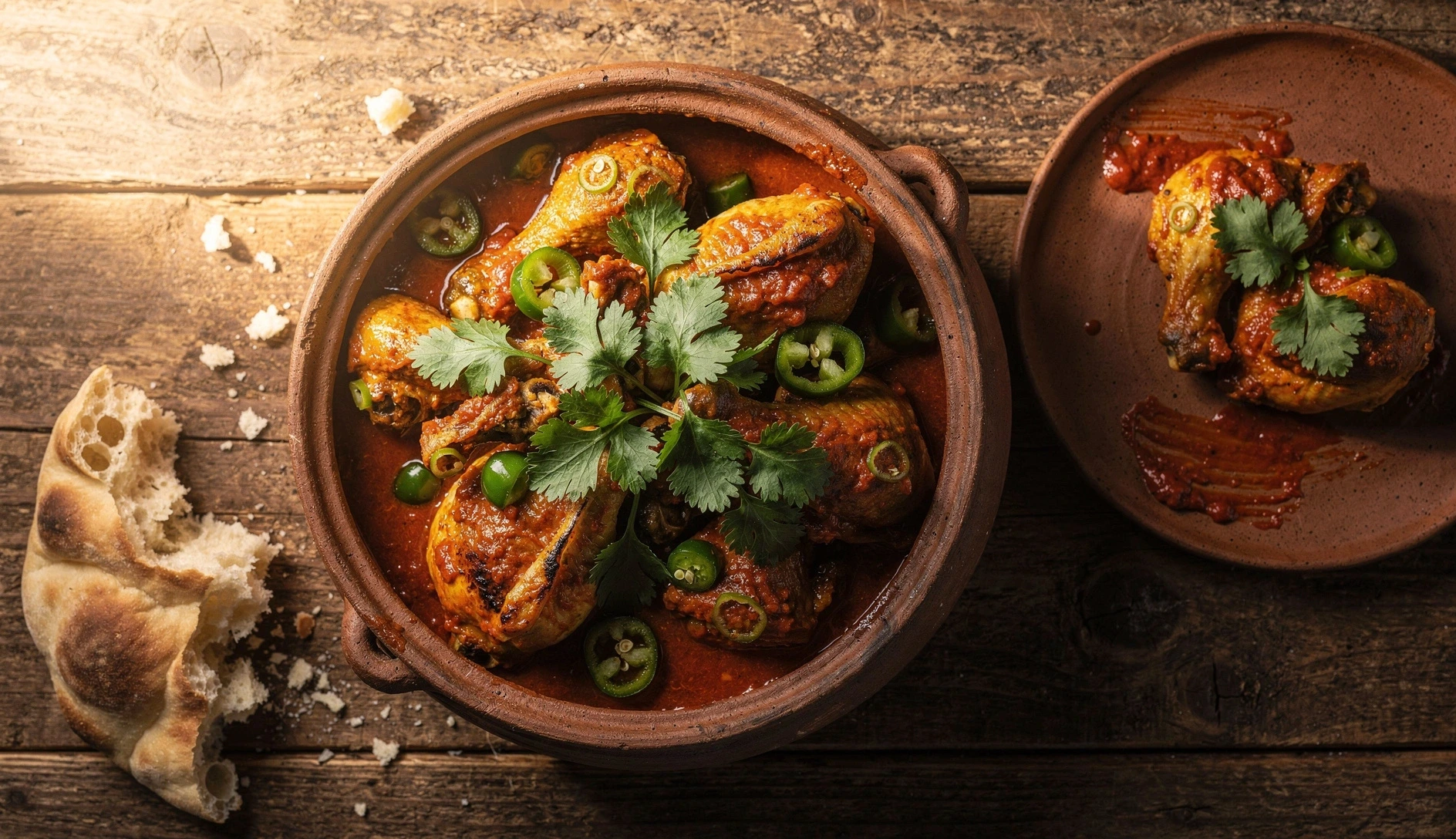 Overhead view of chakhokhbili, Georgian chicken stew in tomato sauce with cilantro and hot peppers in a clay pot