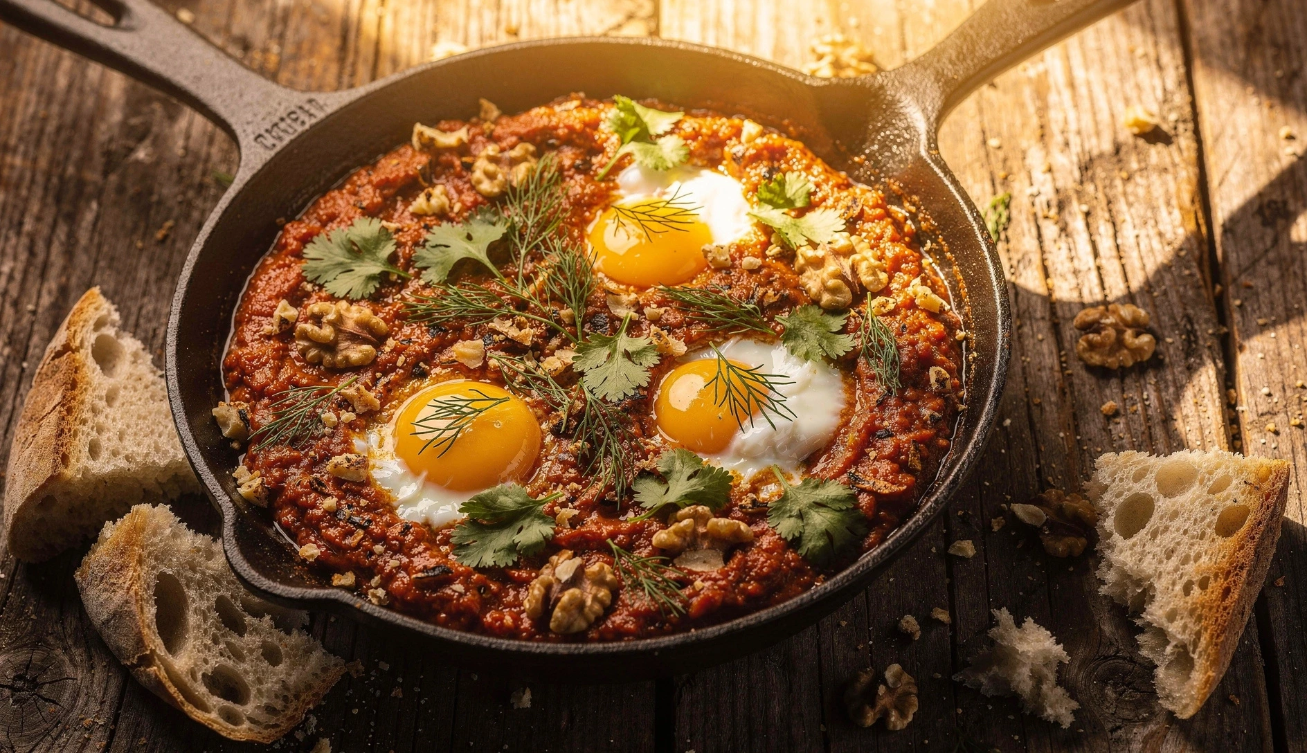 Overhead shot of Georgian chirbuli — three eggs poached in tomato-walnut sauce in a cast iron skillet with fresh herbs