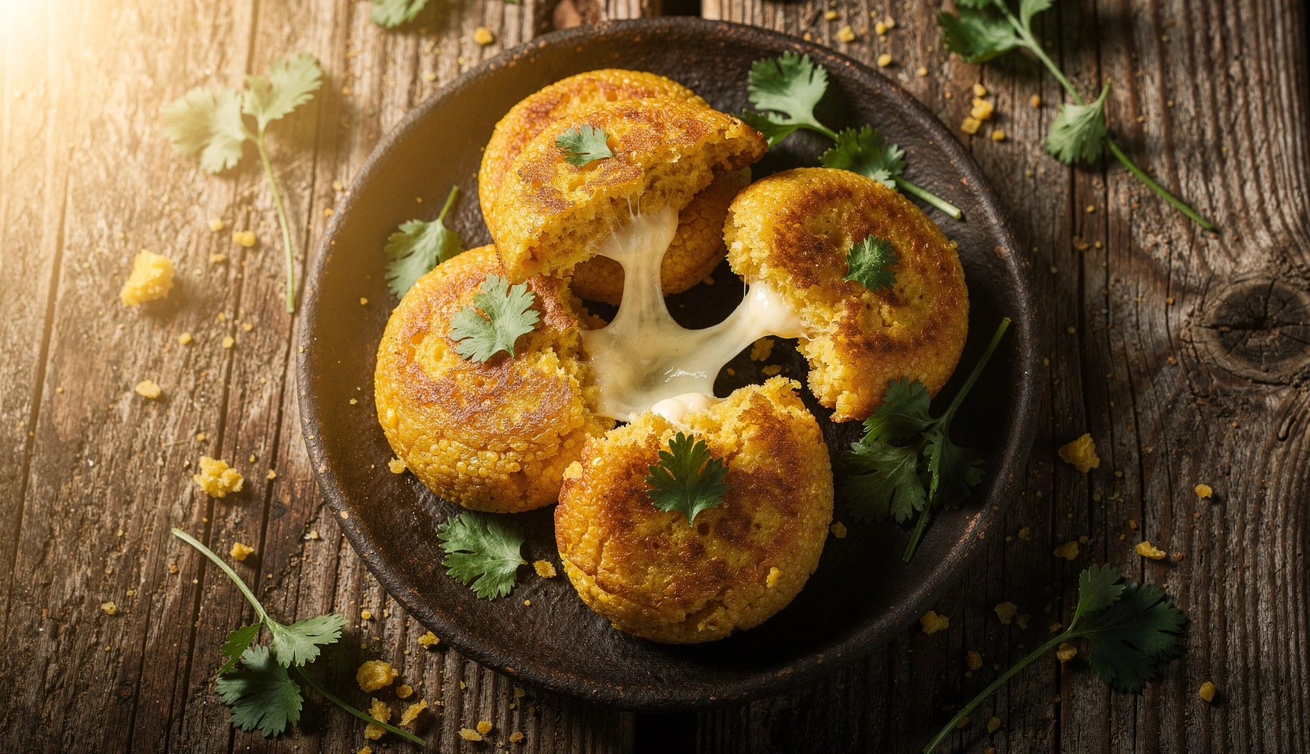 Golden Georgian chvishtari cornbread patties with melted sulguni cheese on a dark clay plate
