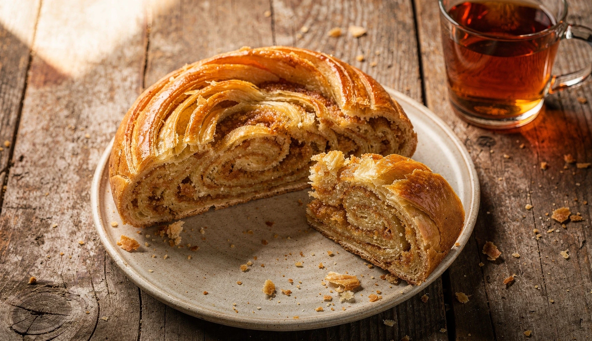 Georgian kada pastry sliced to reveal golden flaky spiral layers on a rustic wooden table with tea
