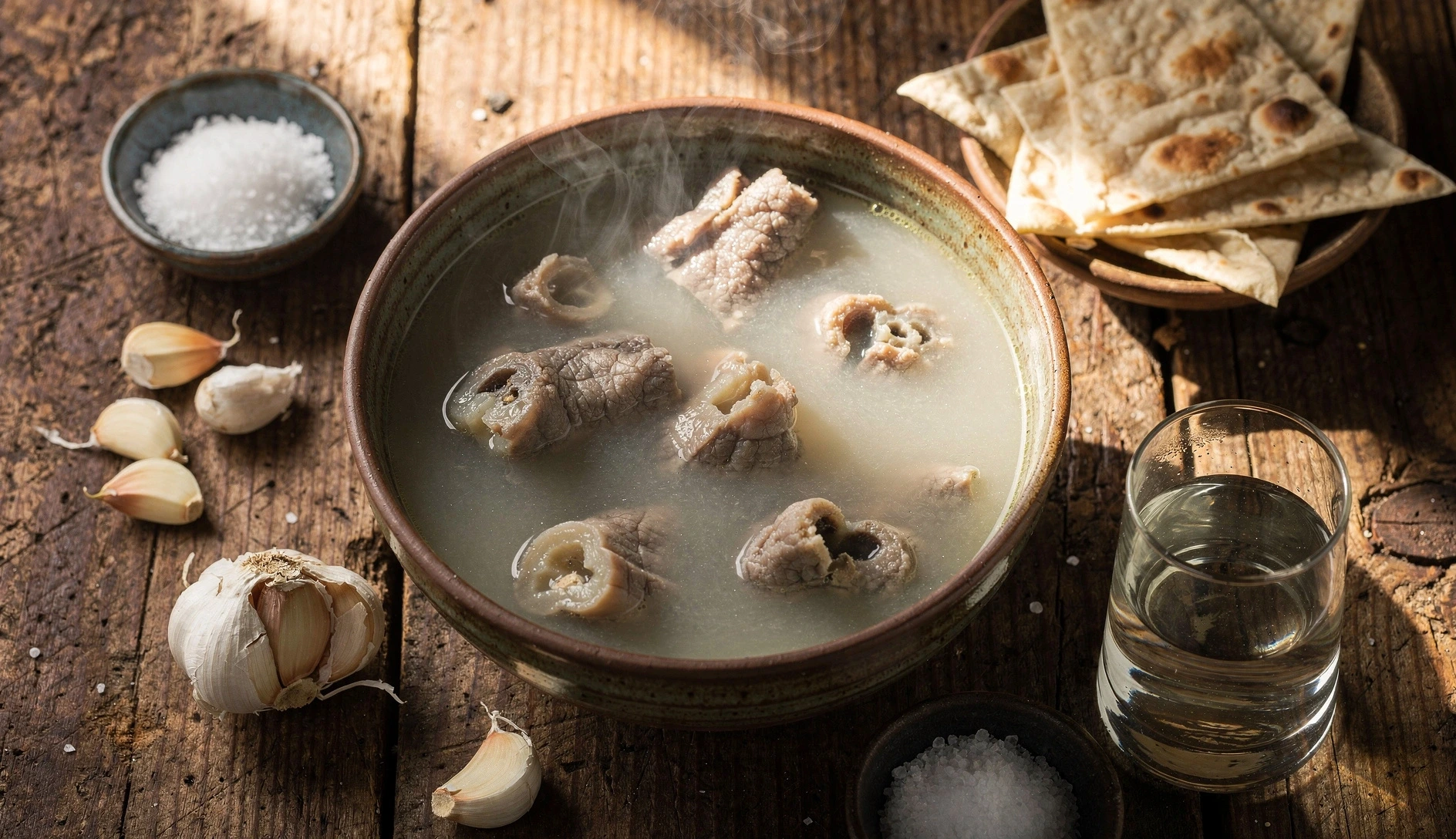 Georgian khashi tripe soup in a ceramic bowl with milky white gelatinous broth, raw garlic, dried lavash, and chacha