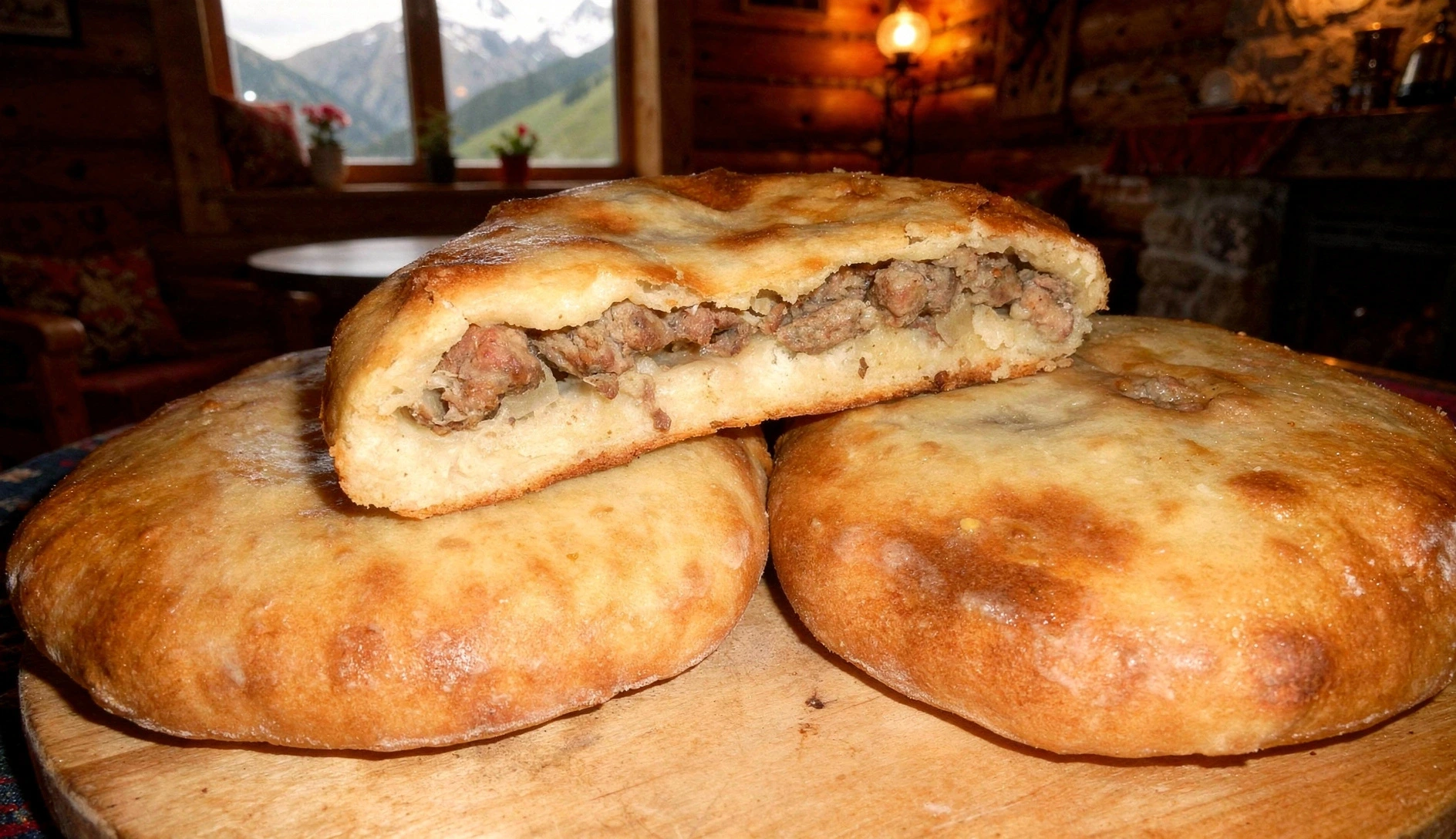 Georgian kubdari meat-filled bread from Svaneti, sliced to show the juicy spiced meat filling