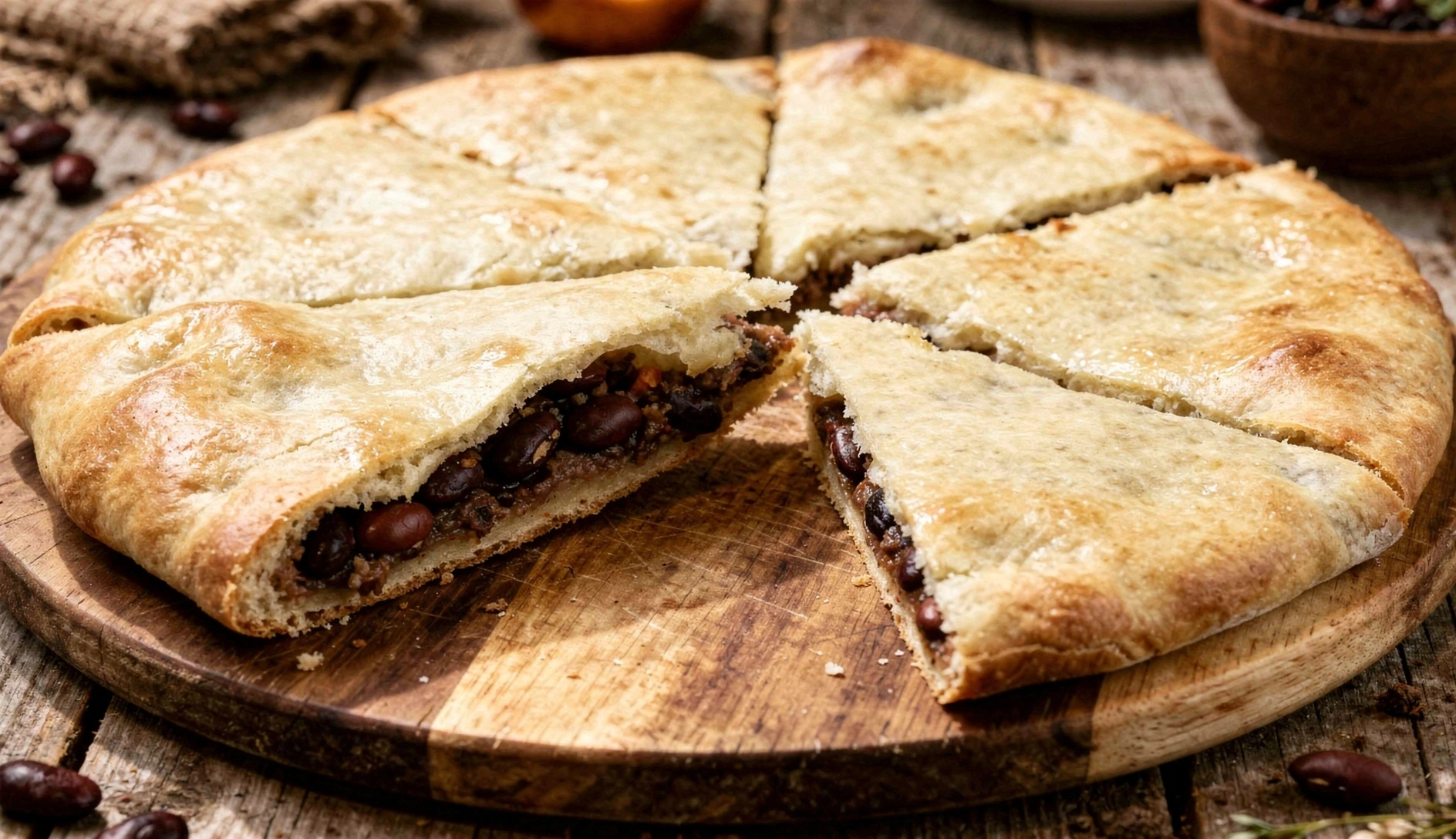 Georgian lobiani bean-stuffed flatbread on a wooden cutting board with a slice torn open