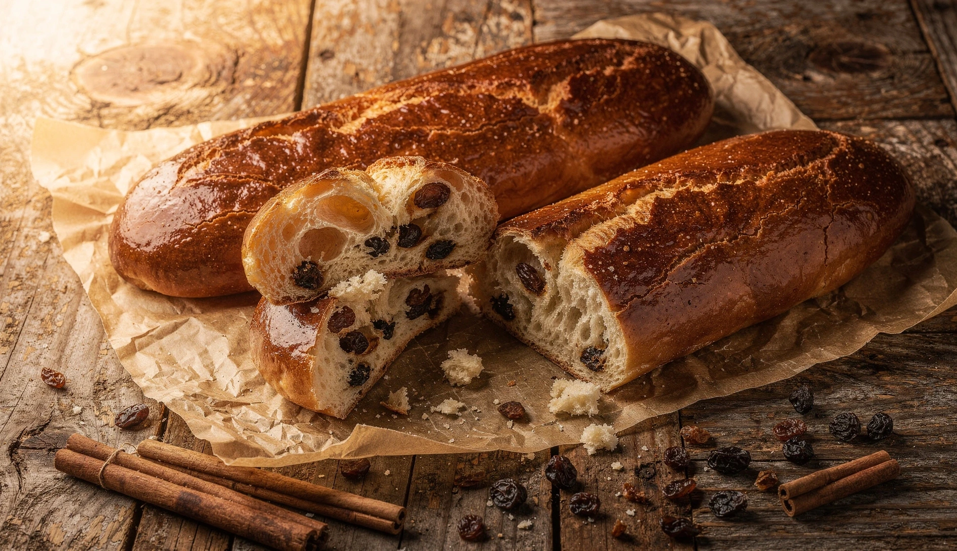 Overhead shot of golden-brown Georgian nazuki sweet bread loaves on parchment paper with cinnamon sticks and raisins
