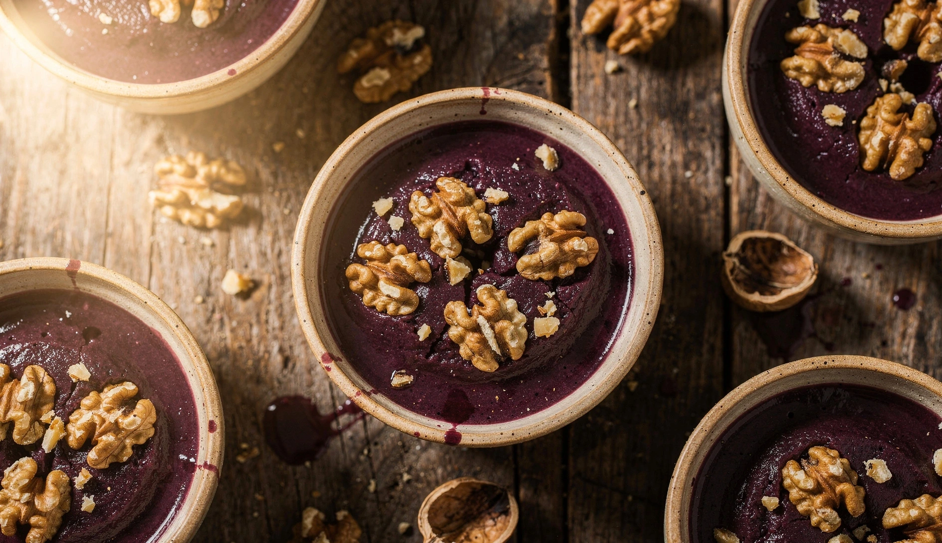 Overhead shot of Georgian pelamushi grape pudding in small ceramic bowls topped with walnuts on a rustic wooden table
