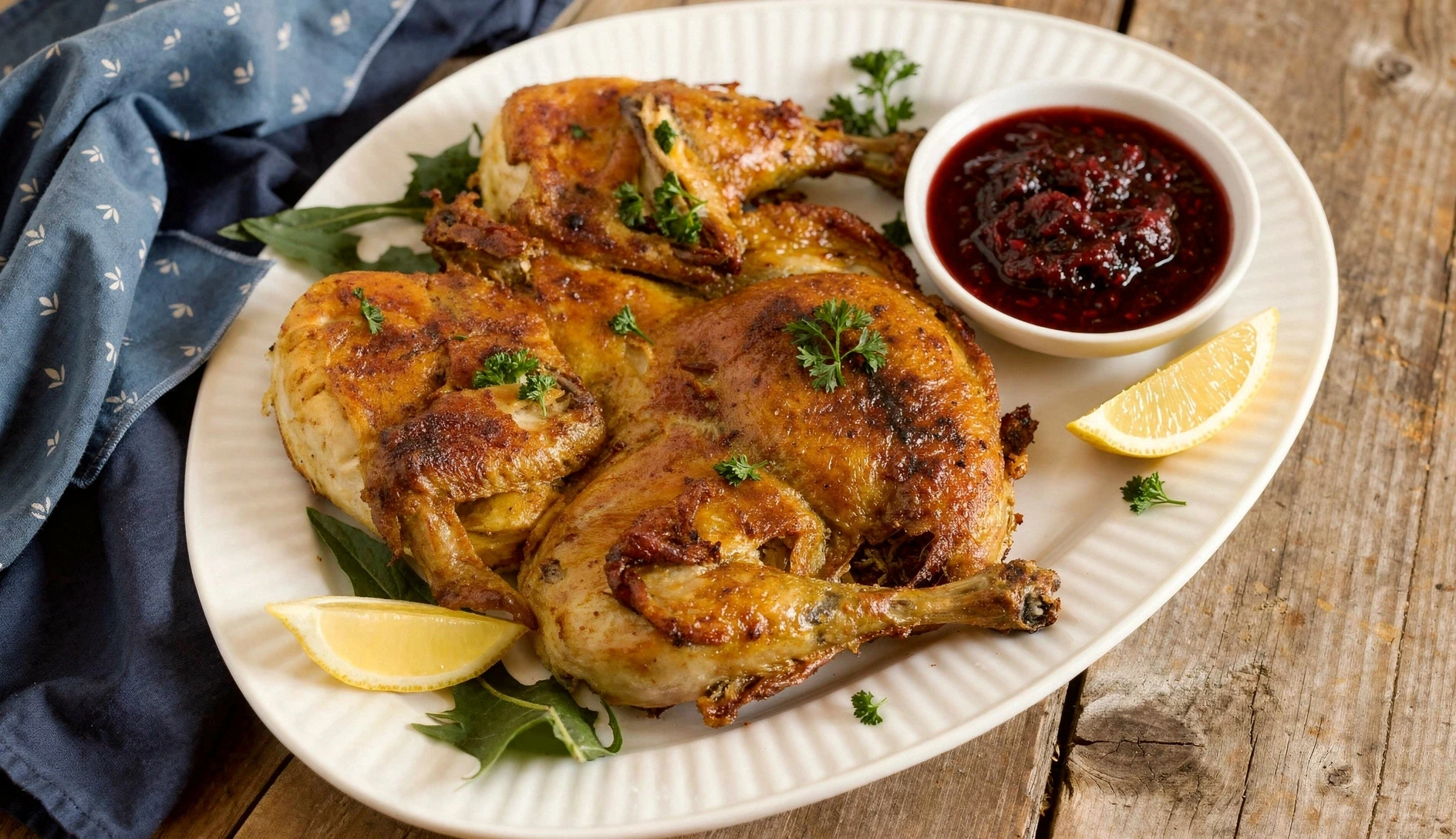 Overhead photo of Georgian chicken tabaka with golden crispy skin on a rustic plate with garlic sauce