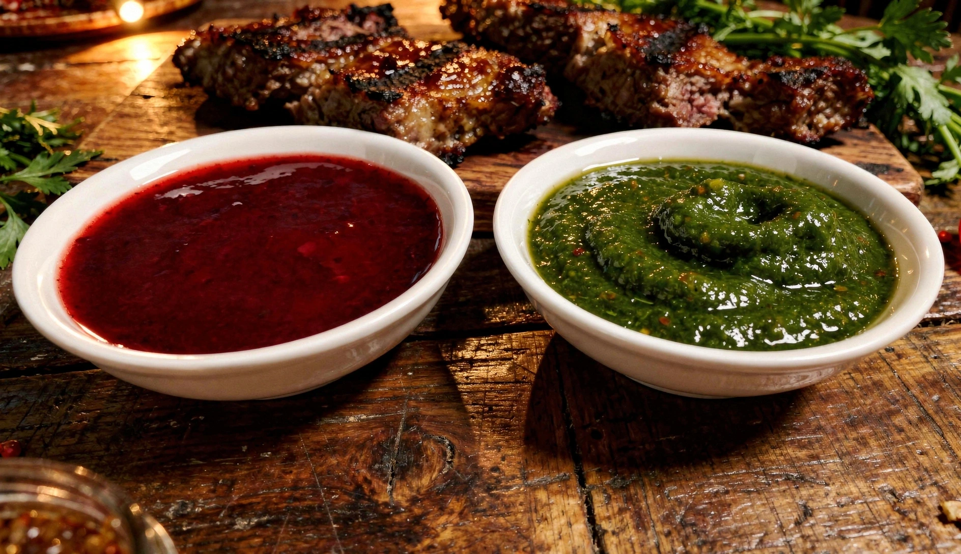 Glass jar of green tkemali Georgian sour plum sauce with fresh cilantro, dill and green plums on a rustic wooden table