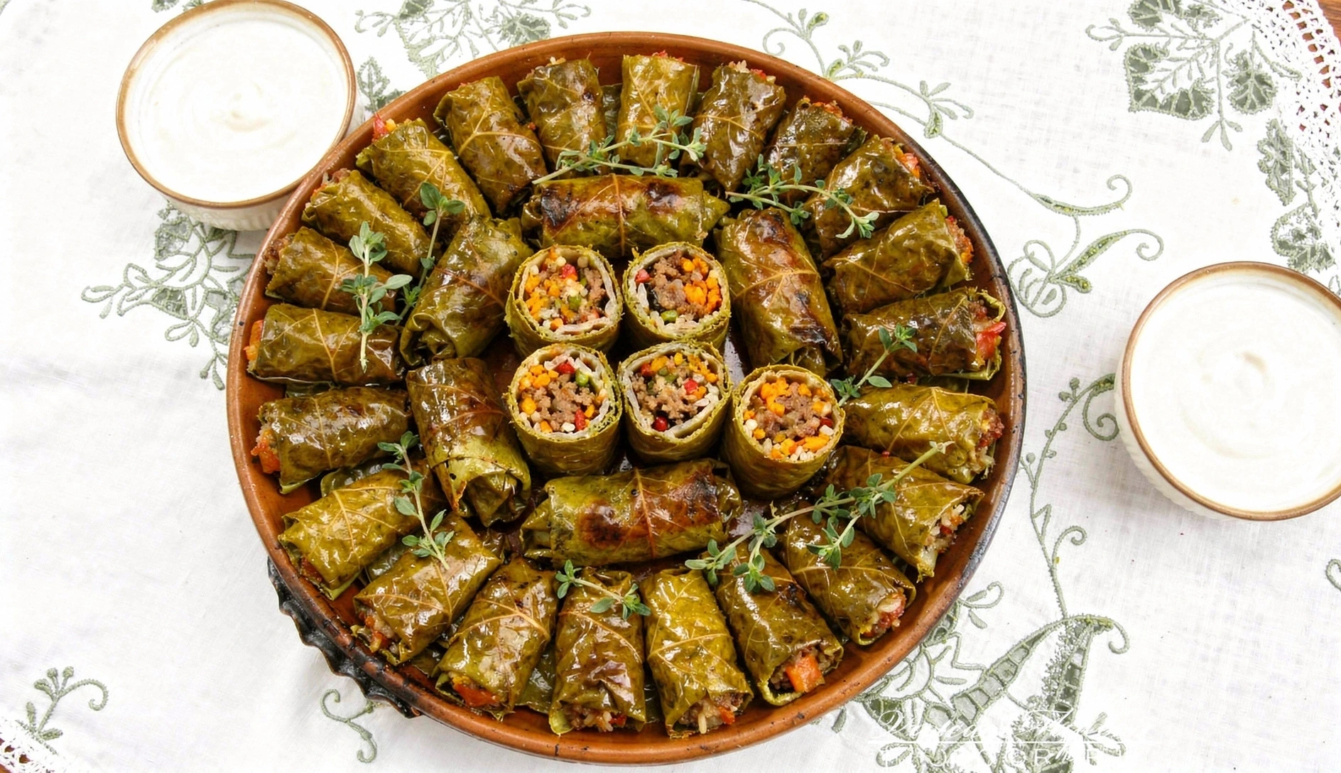 Overhead photo of Georgian tolma stuffed grape leaves arranged on a white plate with matsoni garlic sauce