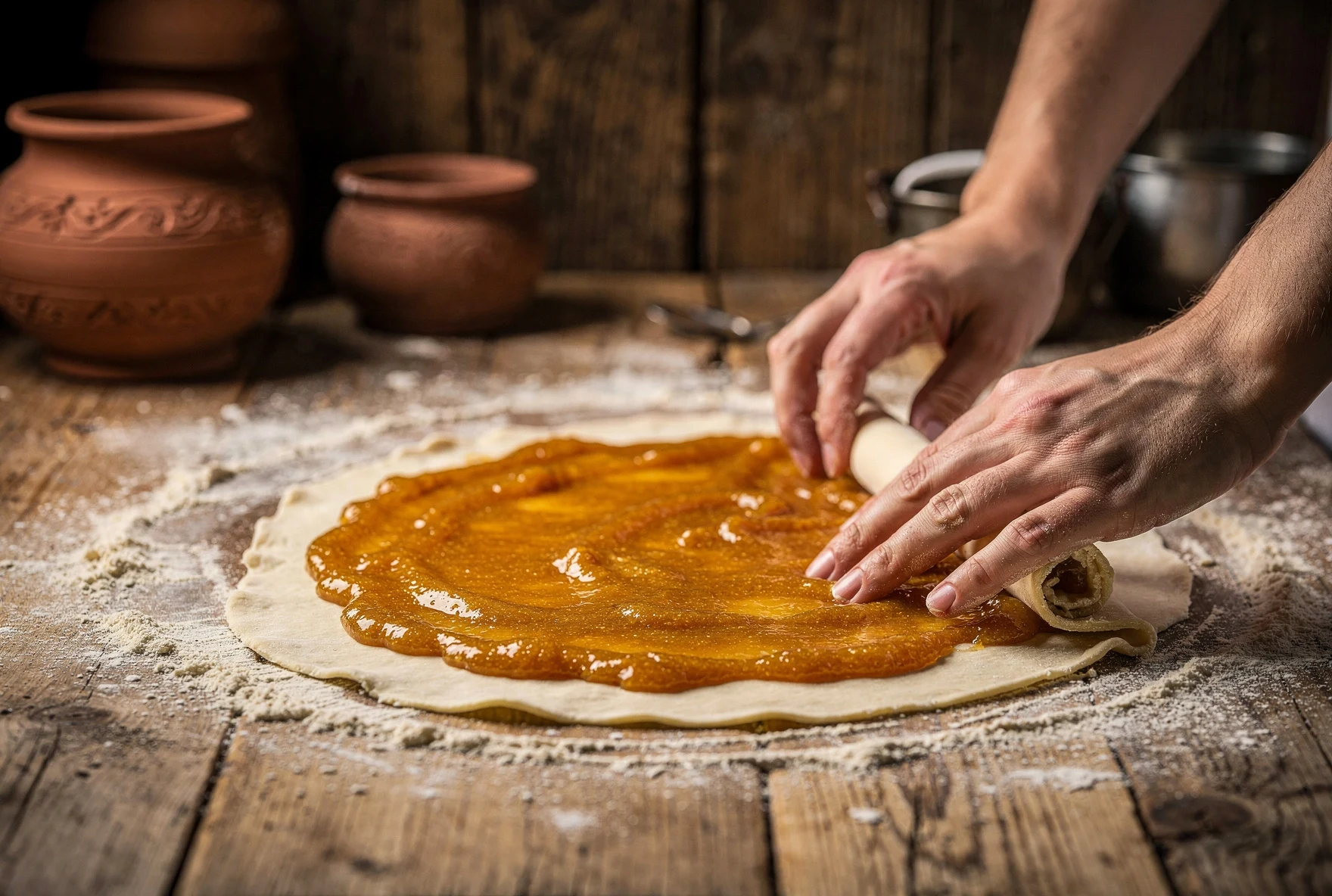 Spreading golden shakarishi filling onto thin rolled dough in a Georgian kitchen