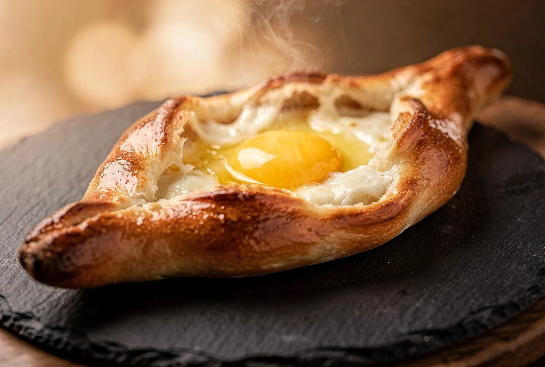 Close-up of Adjarian khachapuri with egg yolk and melting butter in the center