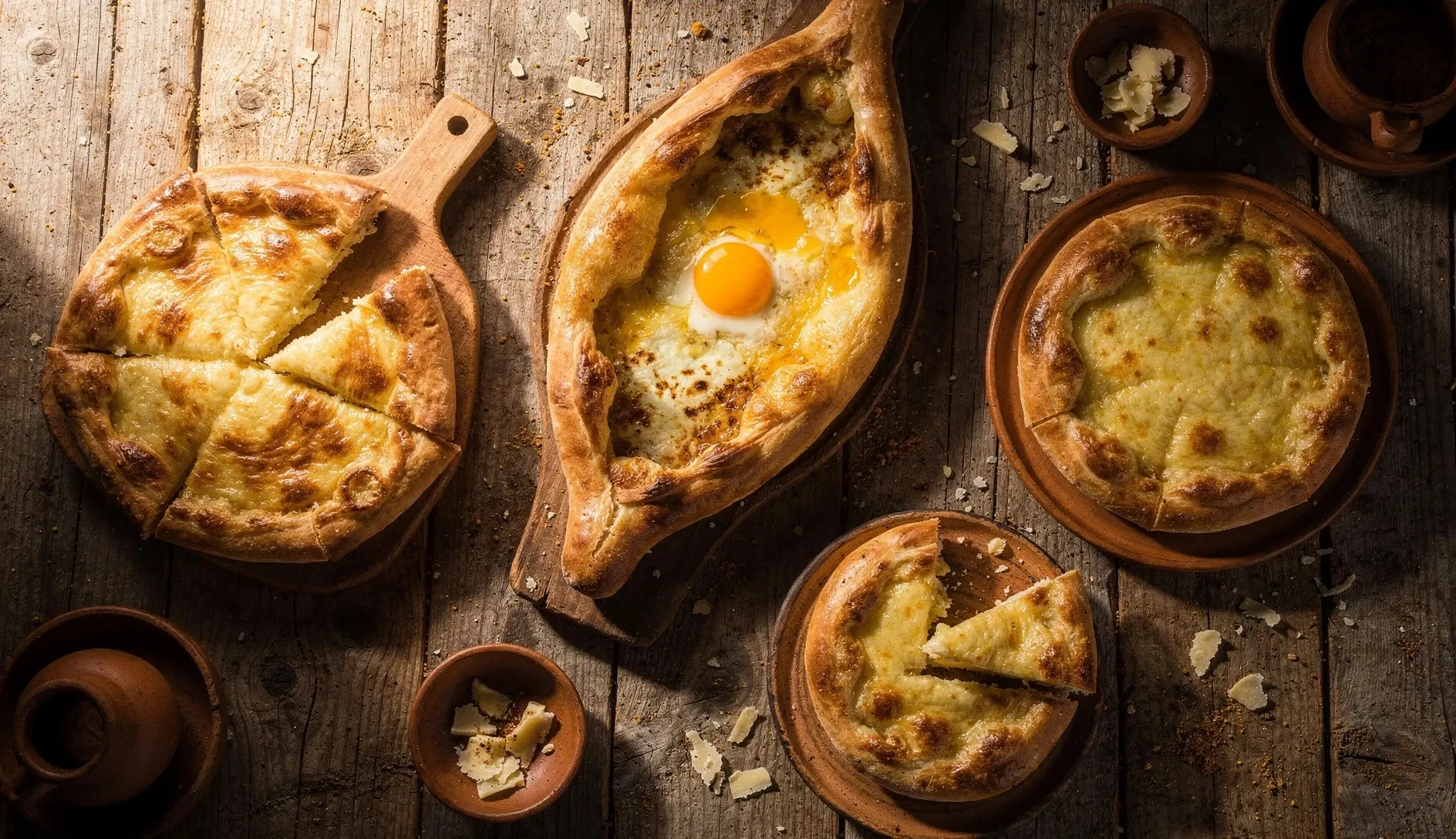 Overhead spread of multiple khachapuri varieties on a rustic Georgian table — Adjarian, Imeretian, and Megrelian