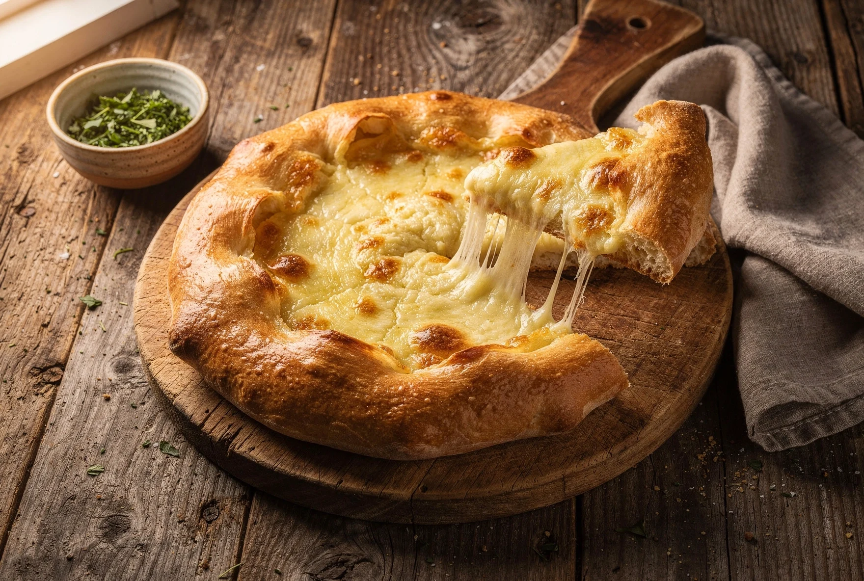Round Imeretian khachapuri on a cutting board with a slice pulled away showing stretchy cheese filling