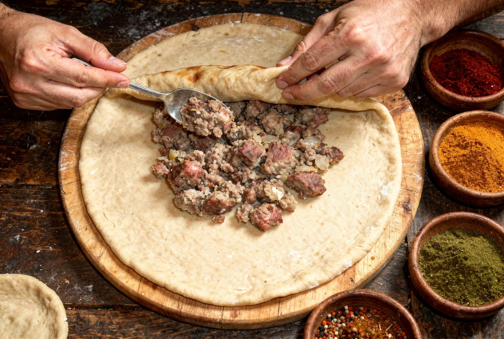 Assembling kubdari: hands pinching dough edges over spiced meat filling on a flour-dusted surface