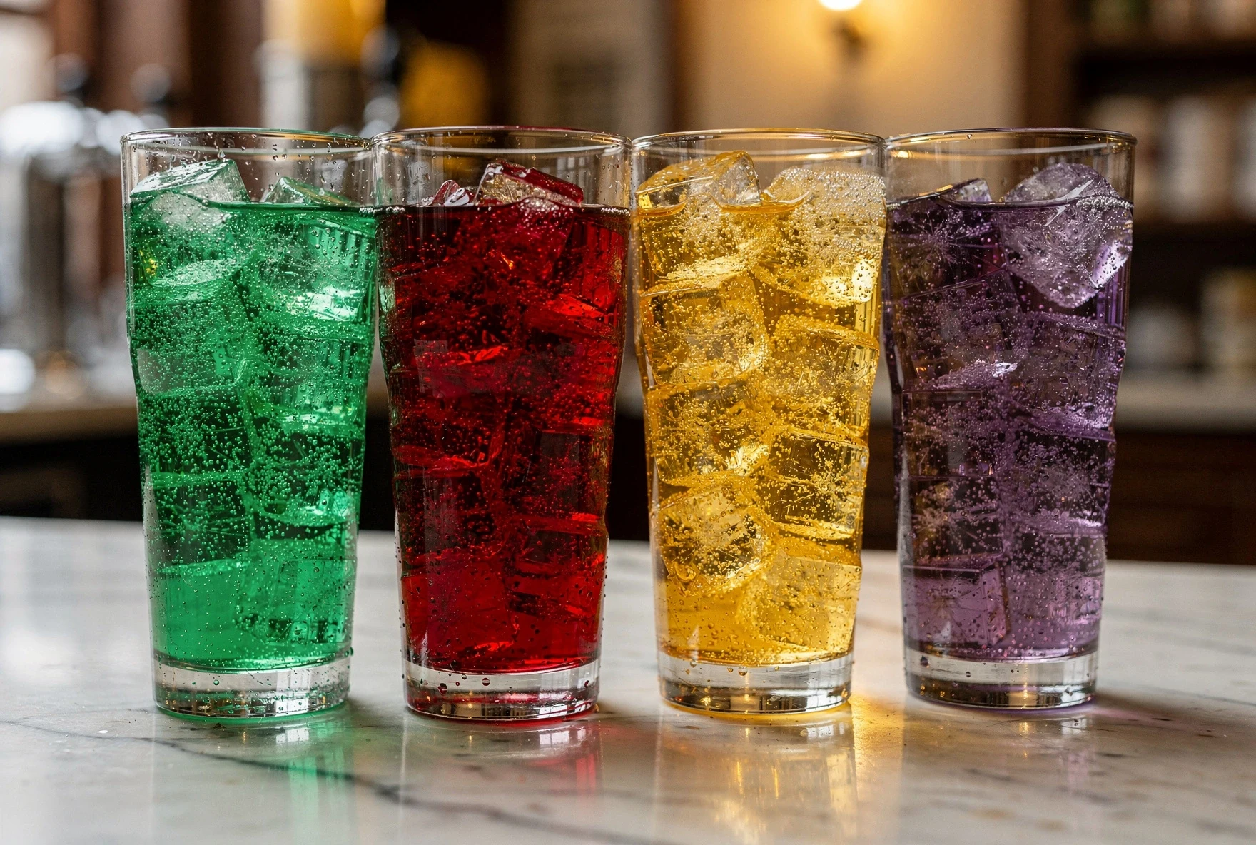 Colorful Lagidze flavored sodas in tall glasses — tarragon green, cherry red, pear gold, and grape purple