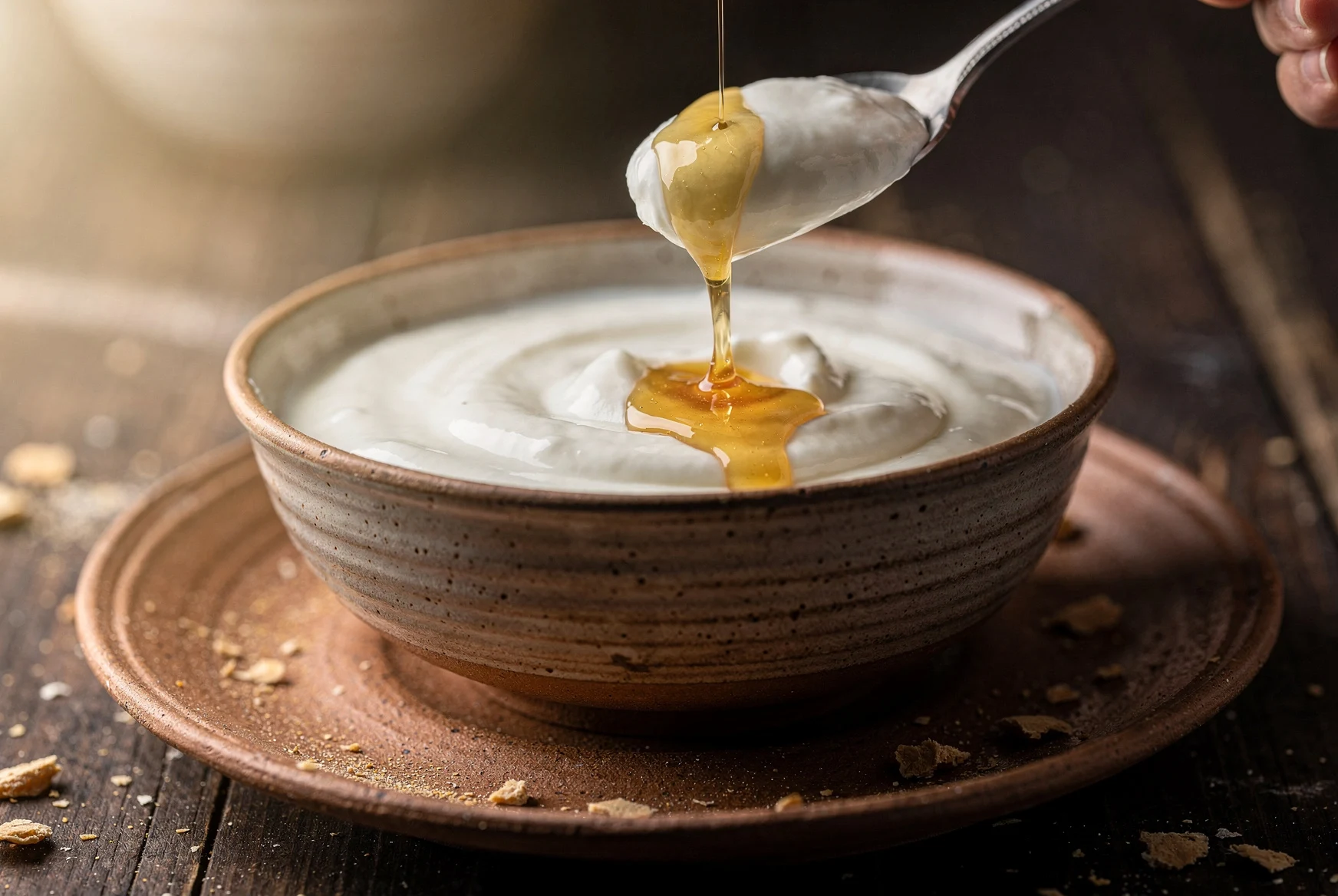 Homemade Georgian matsoni yogurt in a rustic ceramic bowl with honey on a wooden table