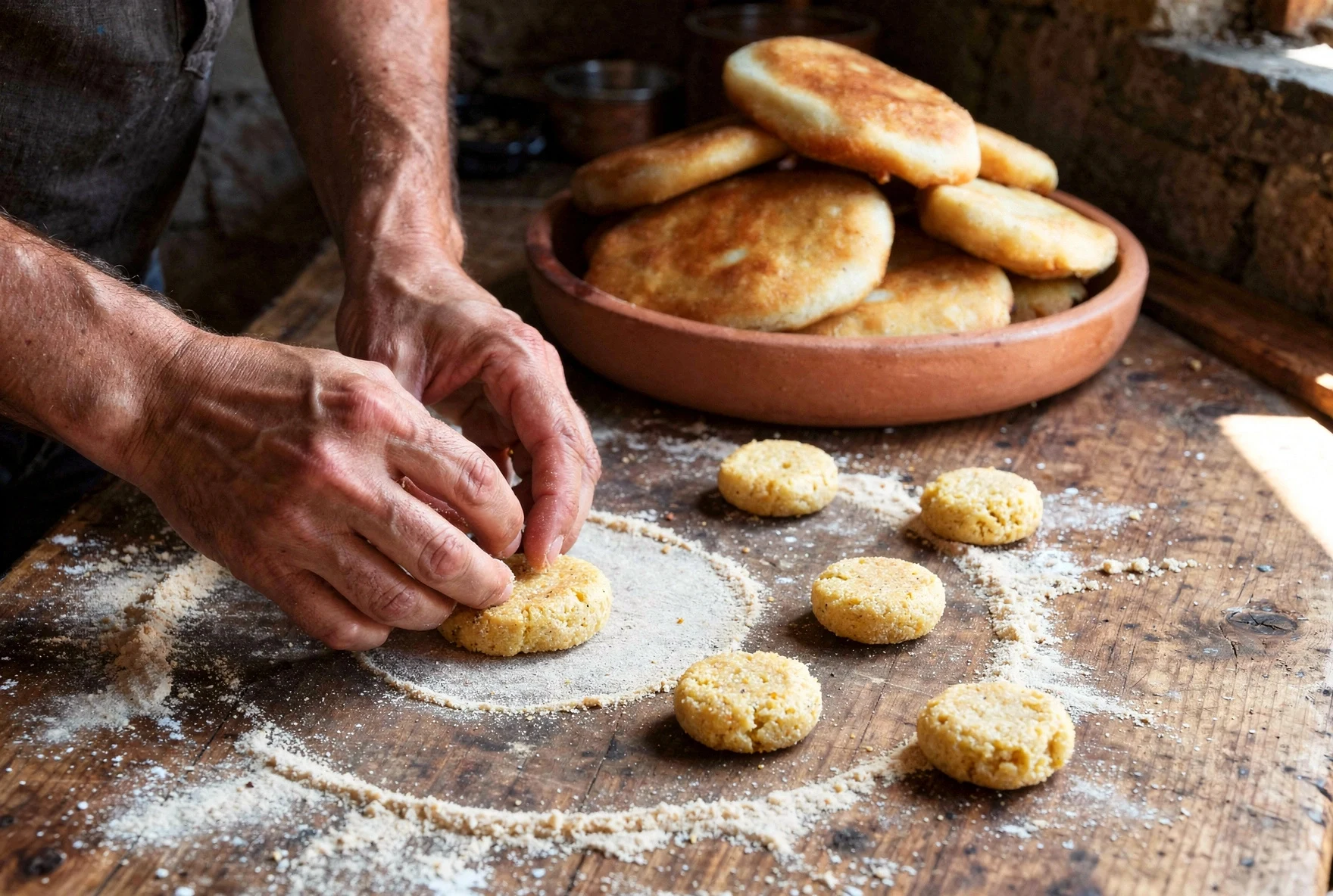 Hands shaping mchadi cornbread dough into thick oval patties