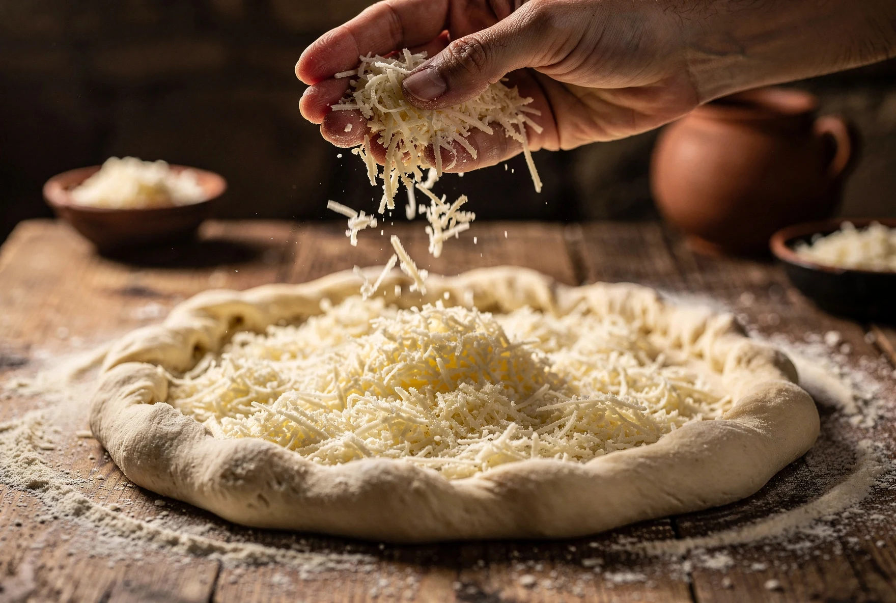 Grated sulguni cheese being scattered over the top of khachapuri dough before baking