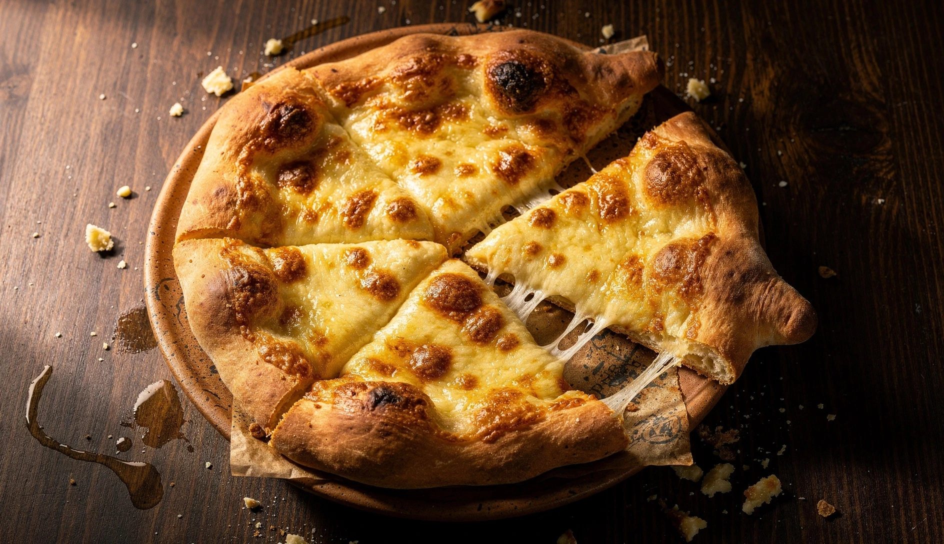 Overhead view of freshly baked Megrelian khachapuri with golden melted cheese on top, cut into wedges on dark wooden table