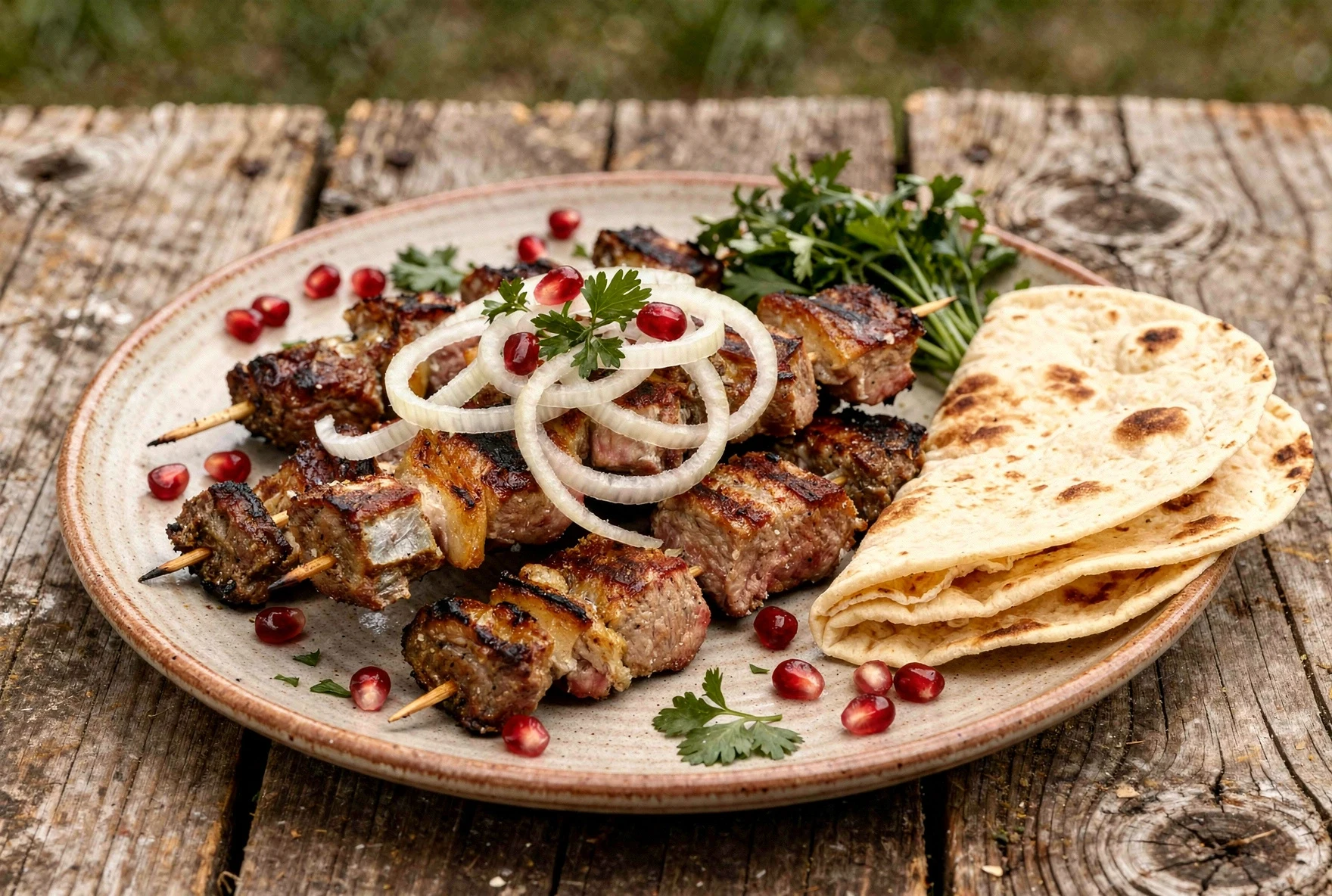 Pomegranate-dressed onion rings with fresh herbs in a clay bowl