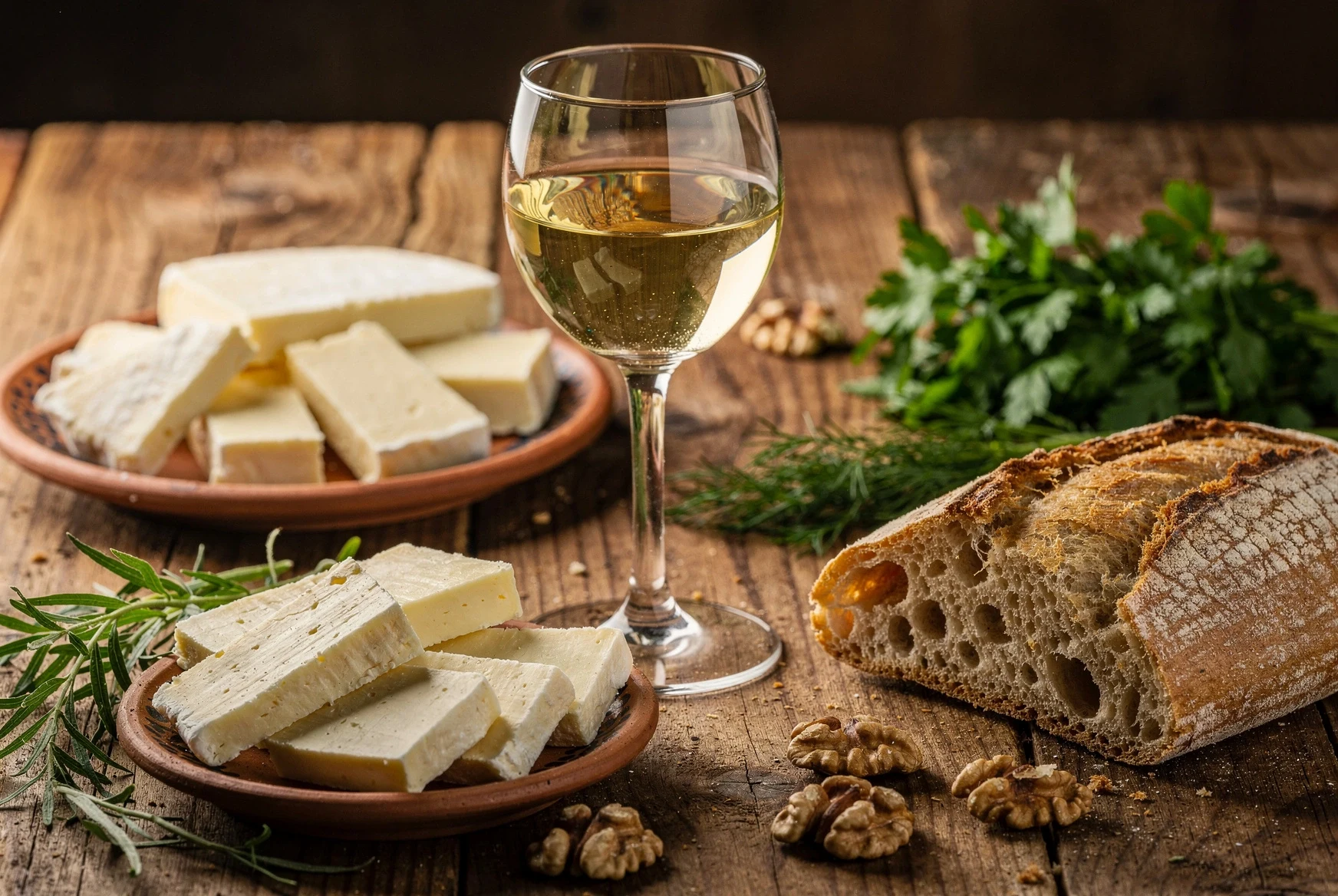 Georgian cheese, herbs, bread, and a glass of Mtsvane wine on a rustic table